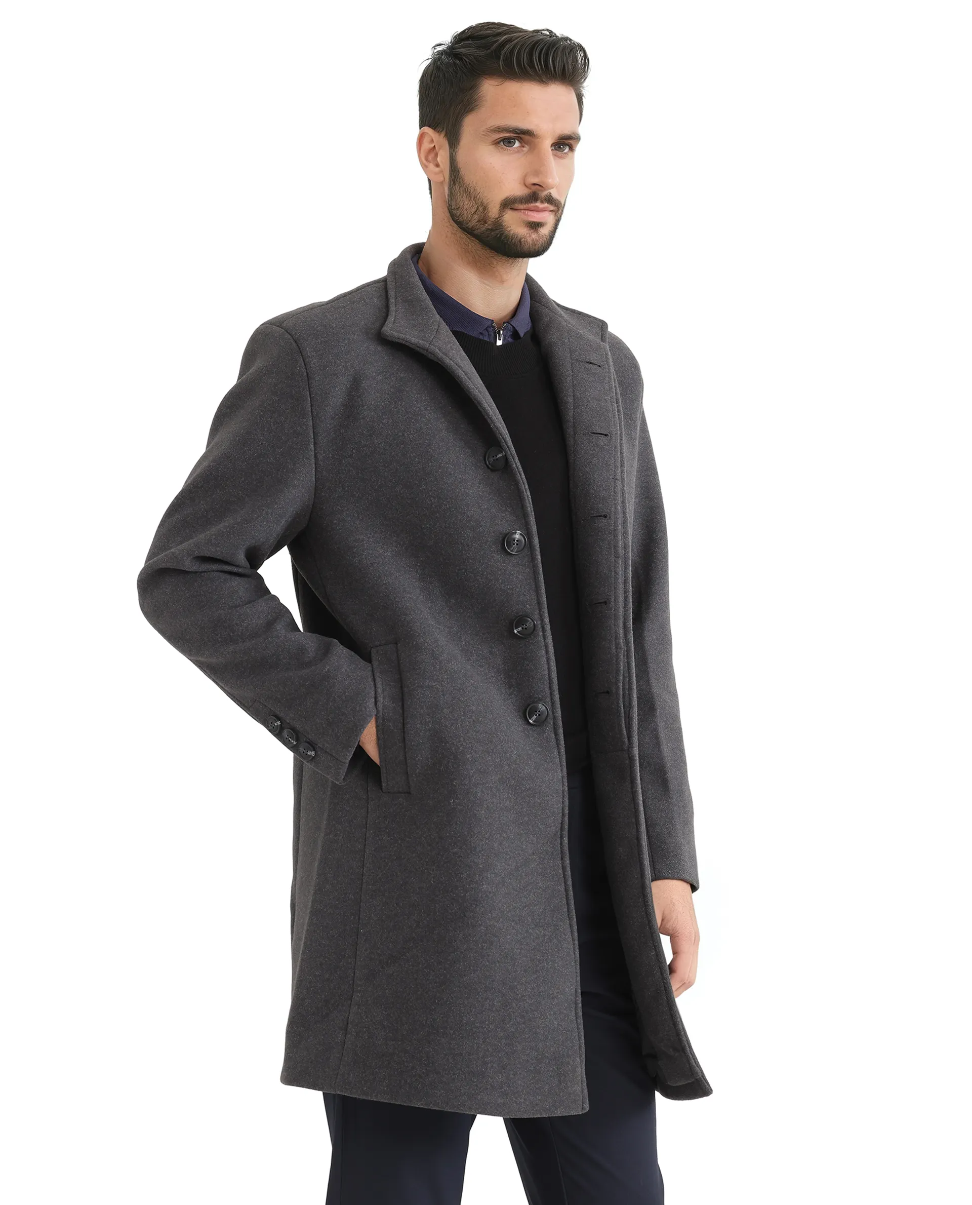 Rare Rabbit Men's Dune-2 Grey Polyester Plain Relaxed Fit Full Sleeve High Neck Coat - Image 7