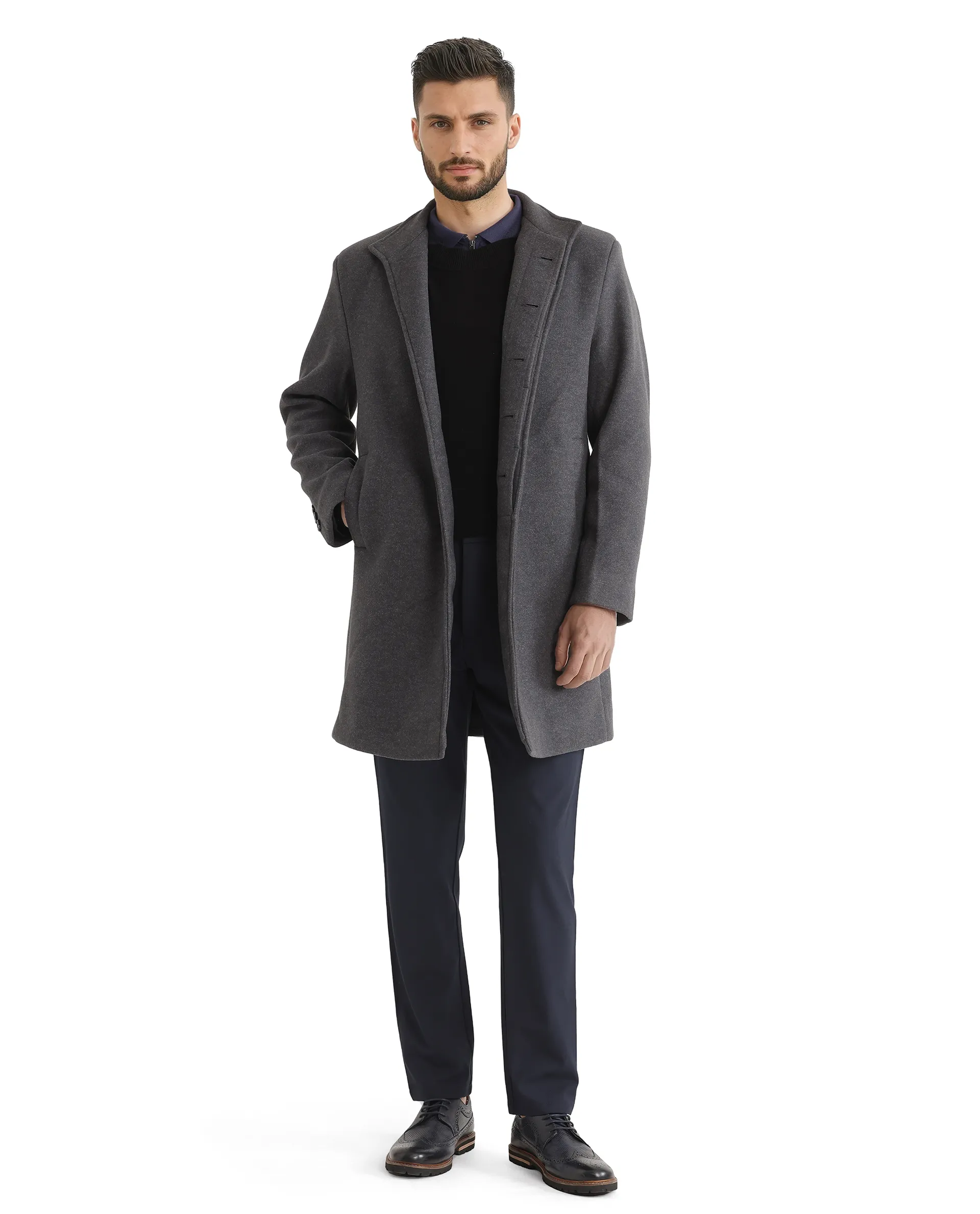 Rare Rabbit Men's Dune-2 Grey Polyester Plain Relaxed Fit Full Sleeve High Neck Coat - Image 9