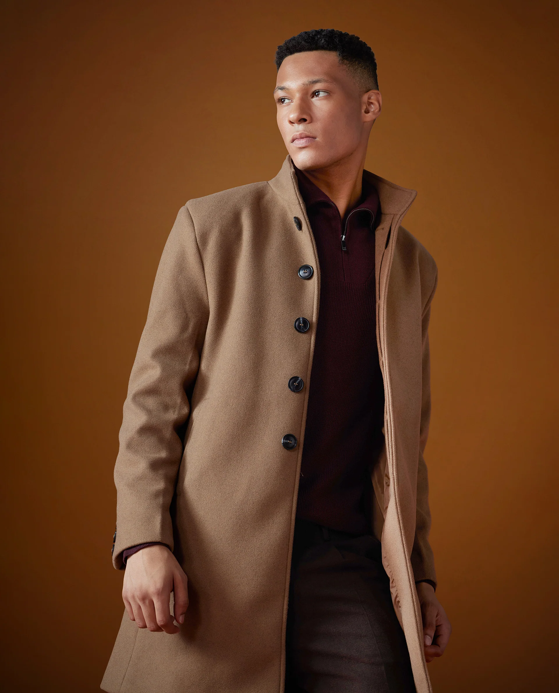 Rare Rabbit Men's Dune-2 Mustard Polyester Plain Relaxed Fit Full Sleeve High Neck Coat - Image 2