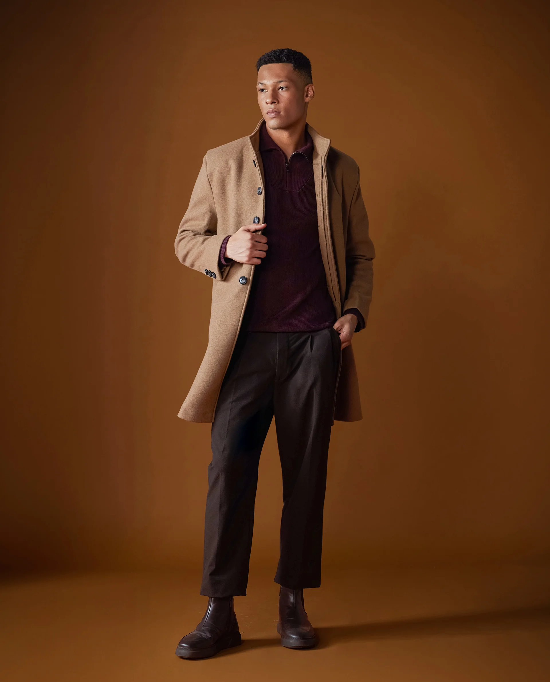 Rare Rabbit Men's Dune-2 Mustard Polyester Plain Relaxed Fit Full Sleeve High Neck Coat - Image 3
