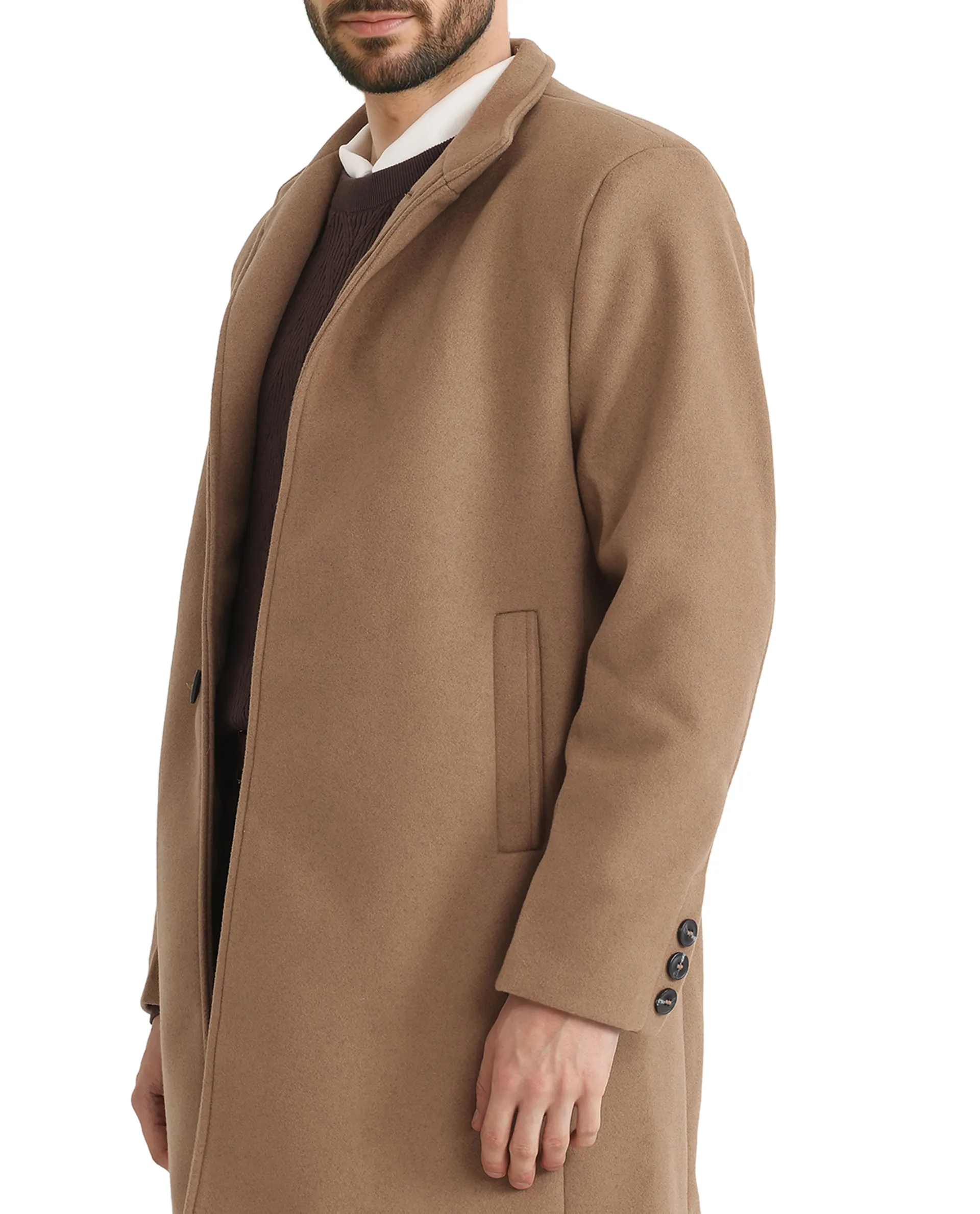 Rare Rabbit Men's Dune-2 Mustard Polyester Plain Relaxed Fit Full Sleeve High Neck Coat - Image 5