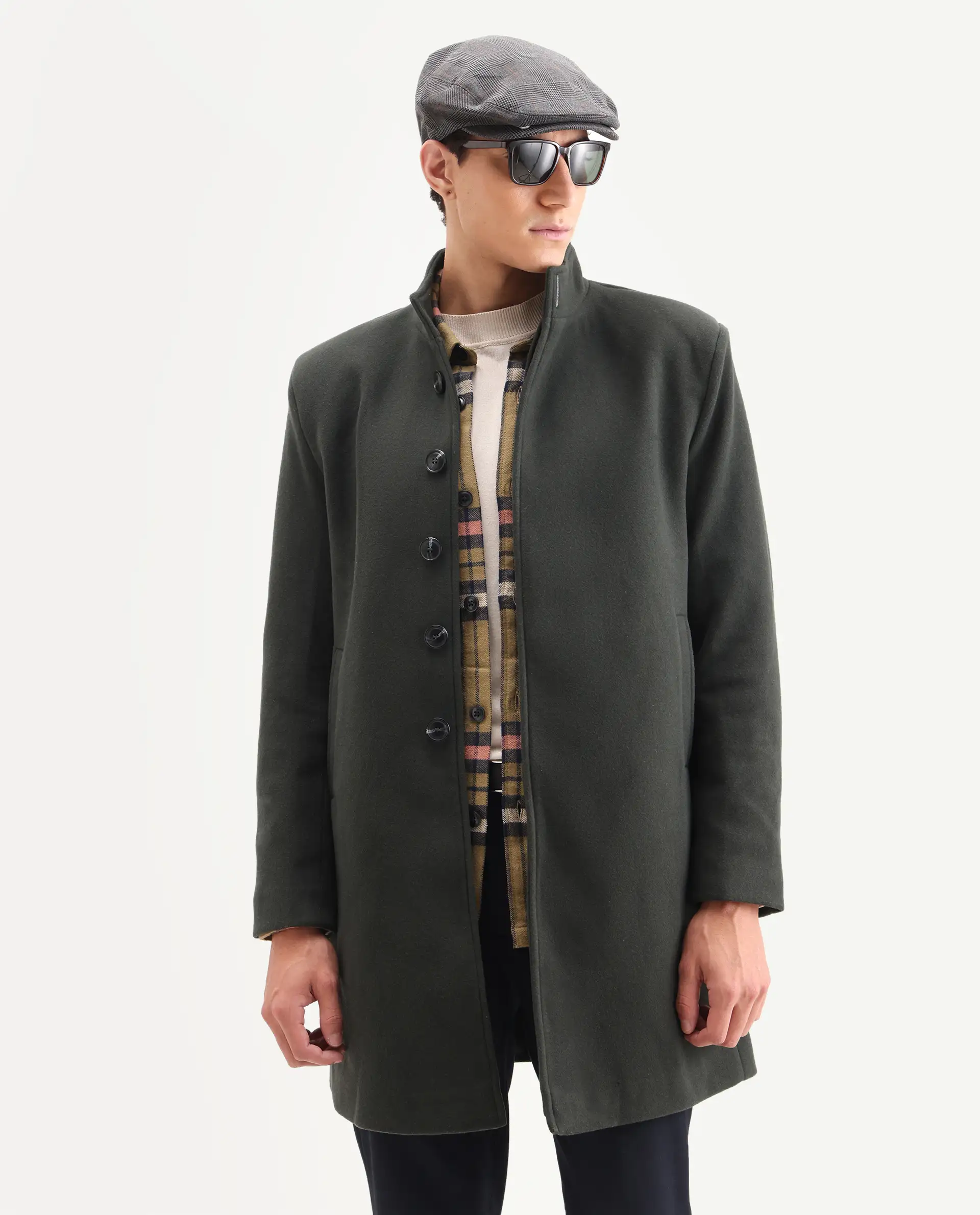 Rare Rabbit Men's Dune-2 Olive Polyester Blend Plain Relaxed Fit Full Sleeve High Neck Coat - Image 3
