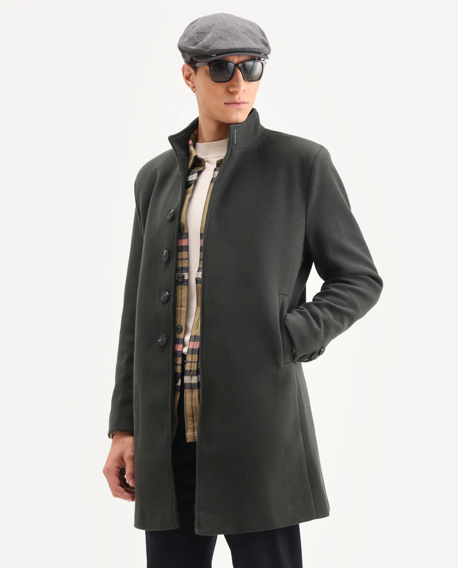 Rare Rabbit Men's Dune-2 Olive Polyester Blend Plain Relaxed Fit Full Sleeve High Neck Coat - Image 4