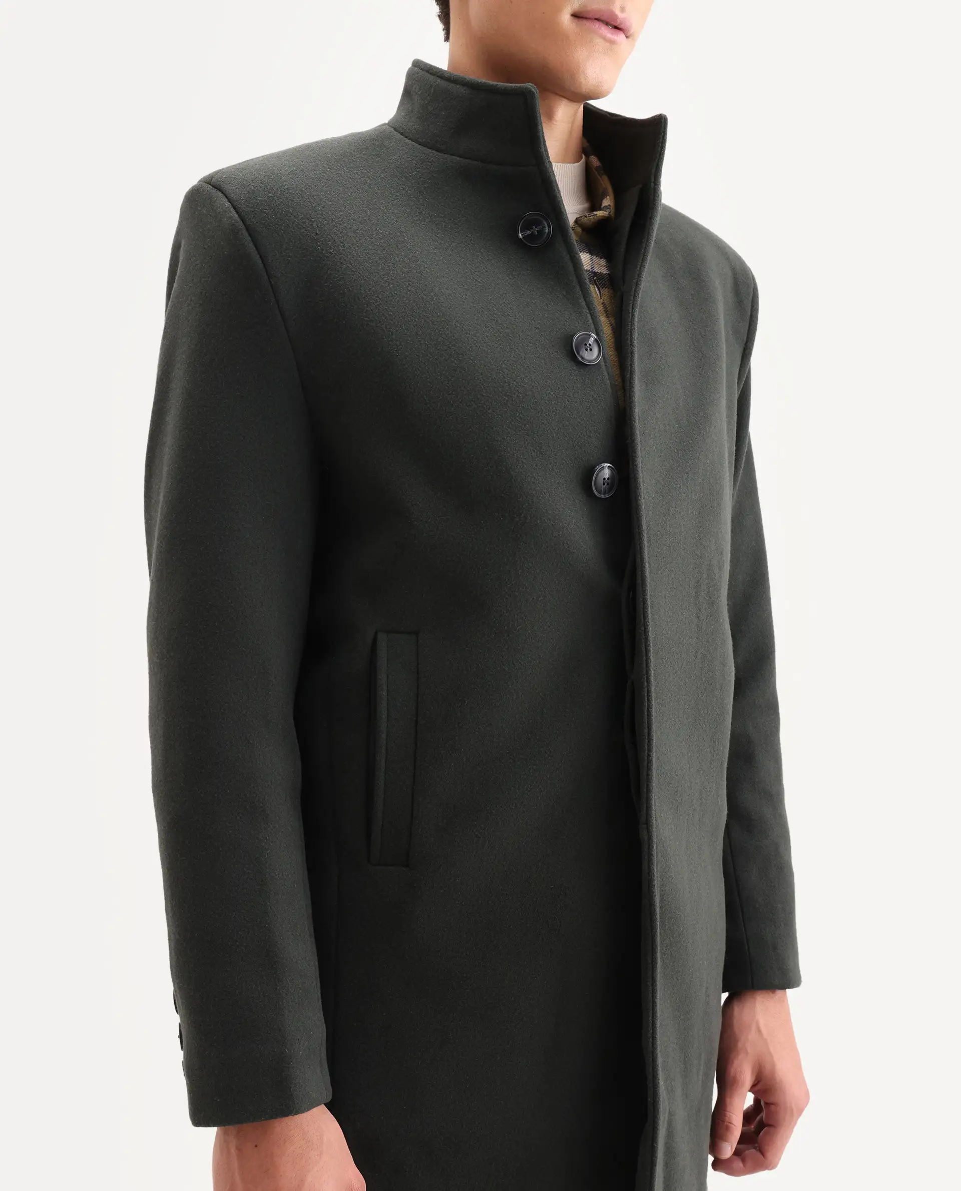 Rare Rabbit Men's Dune-2 Olive Polyester Blend Plain Relaxed Fit Full Sleeve High Neck Coat - Image 5