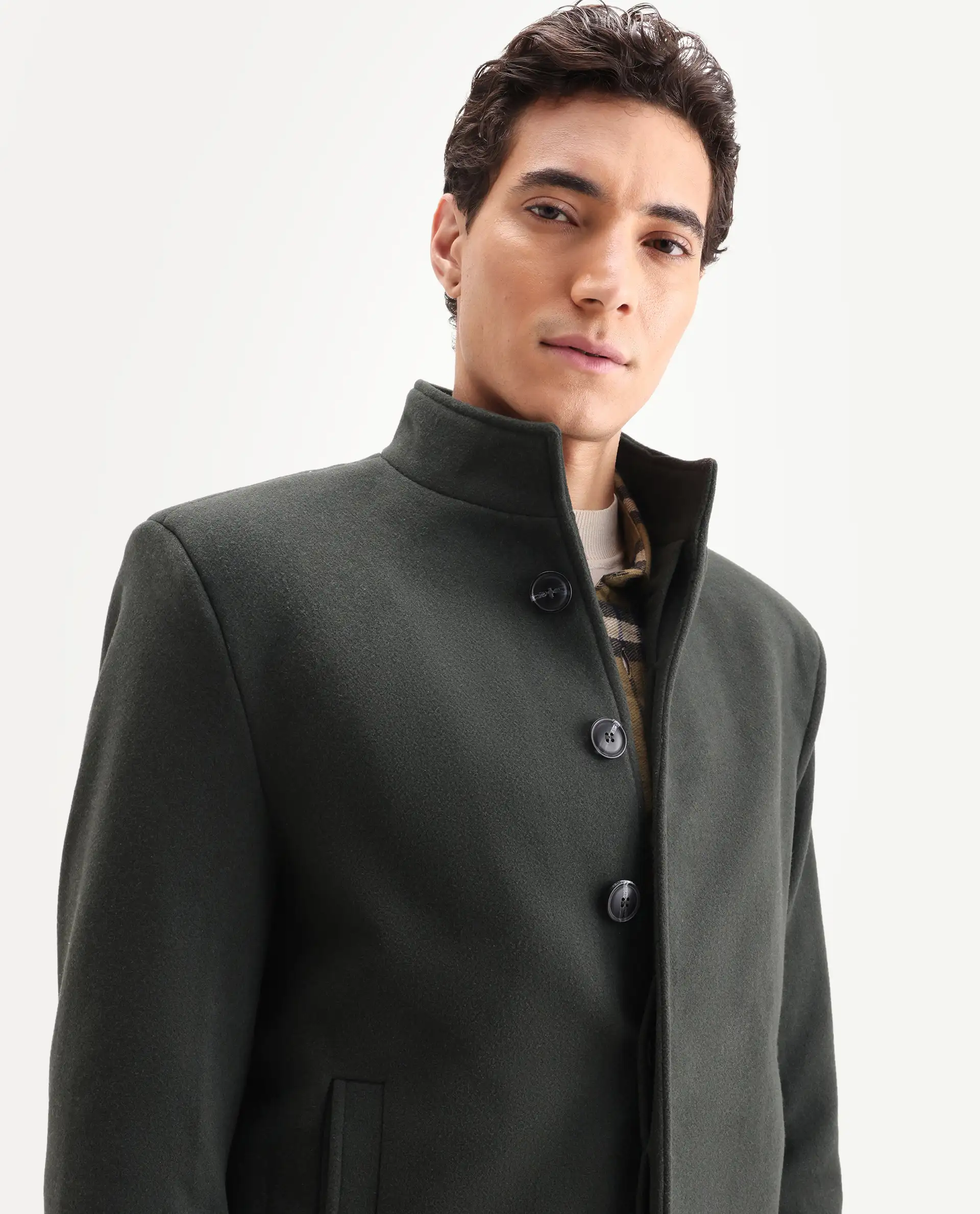 Rare Rabbit Men's Dune-2 Olive Polyester Blend Plain Relaxed Fit Full Sleeve High Neck Coat - Image 6