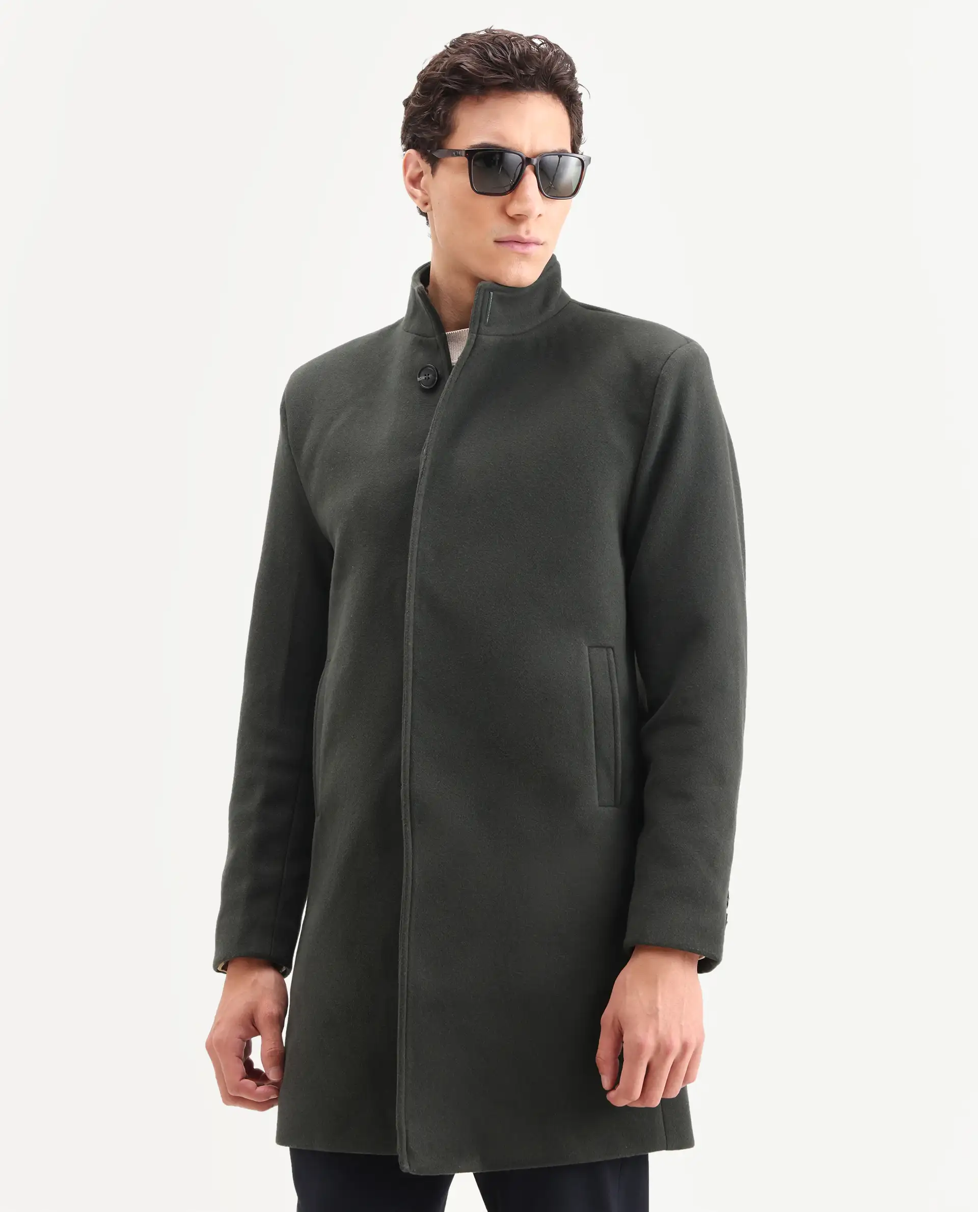 Rare Rabbit Men's Dune-2 Olive Polyester Blend Plain Relaxed Fit Full Sleeve High Neck Coat - Image 7