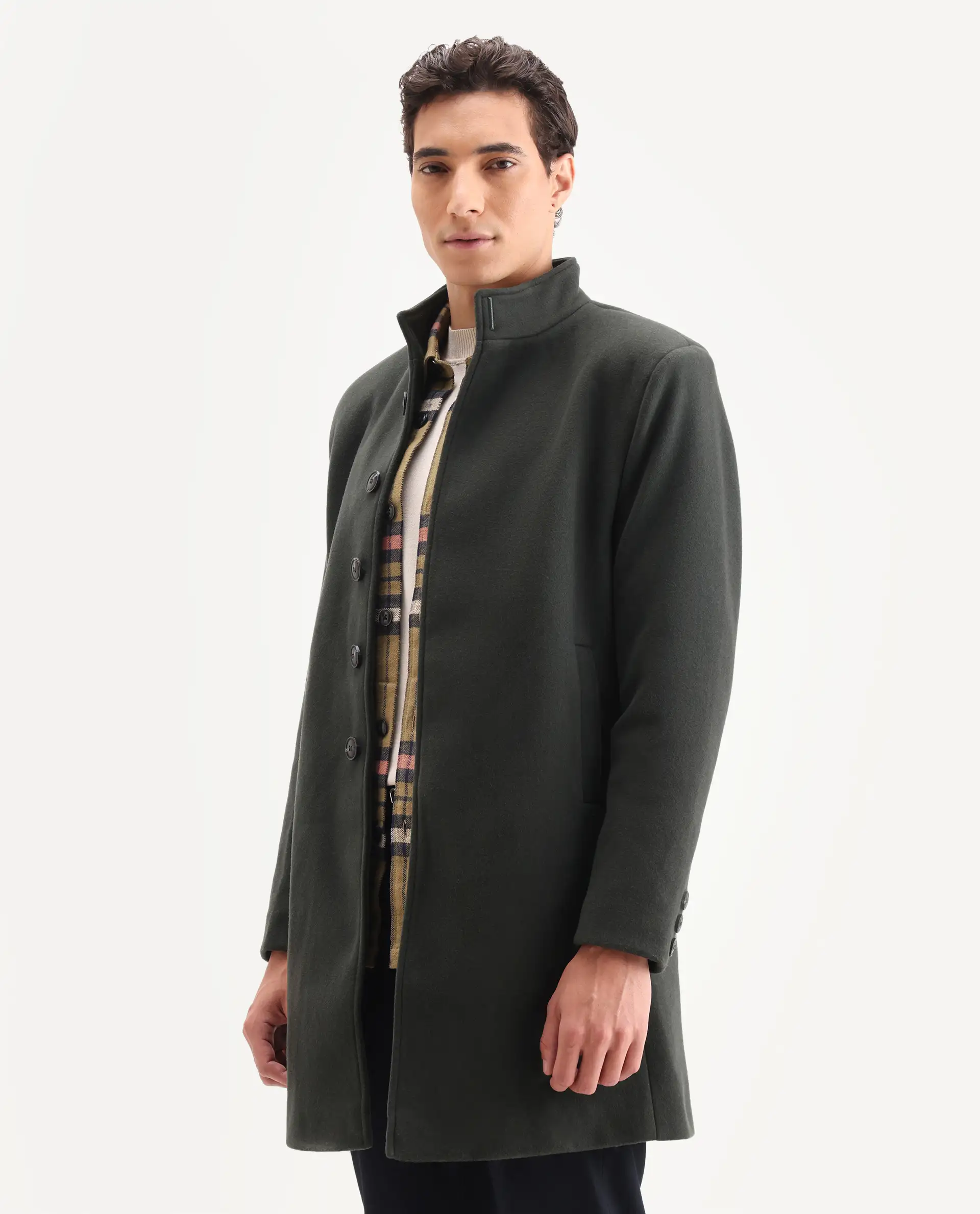 Rare Rabbit Men's Dune-2 Olive Polyester Blend Plain Relaxed Fit Full Sleeve High Neck Coat - Image 8