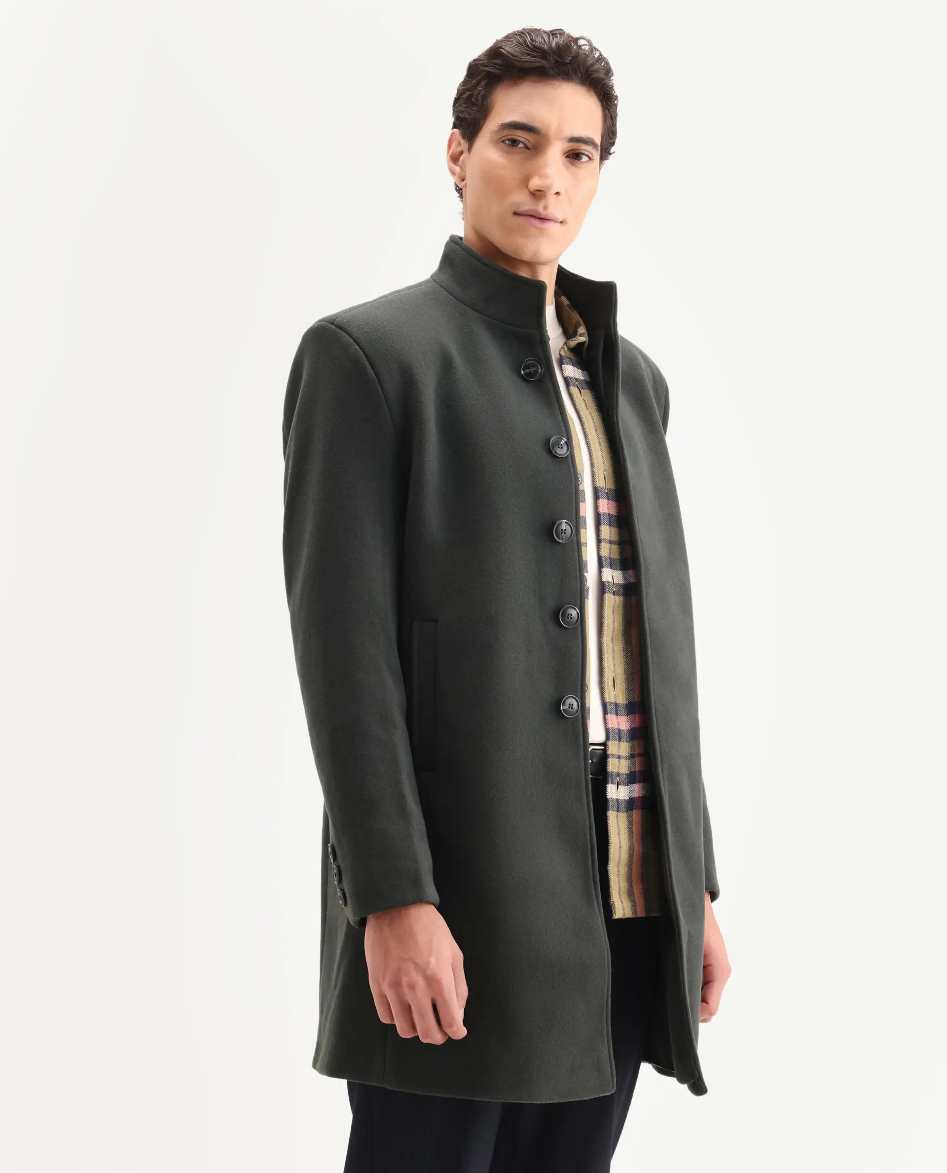 Rare Rabbit Men's Dune-2 Olive Polyester Blend Plain Relaxed Fit Full Sleeve High Neck Coat - Image 9