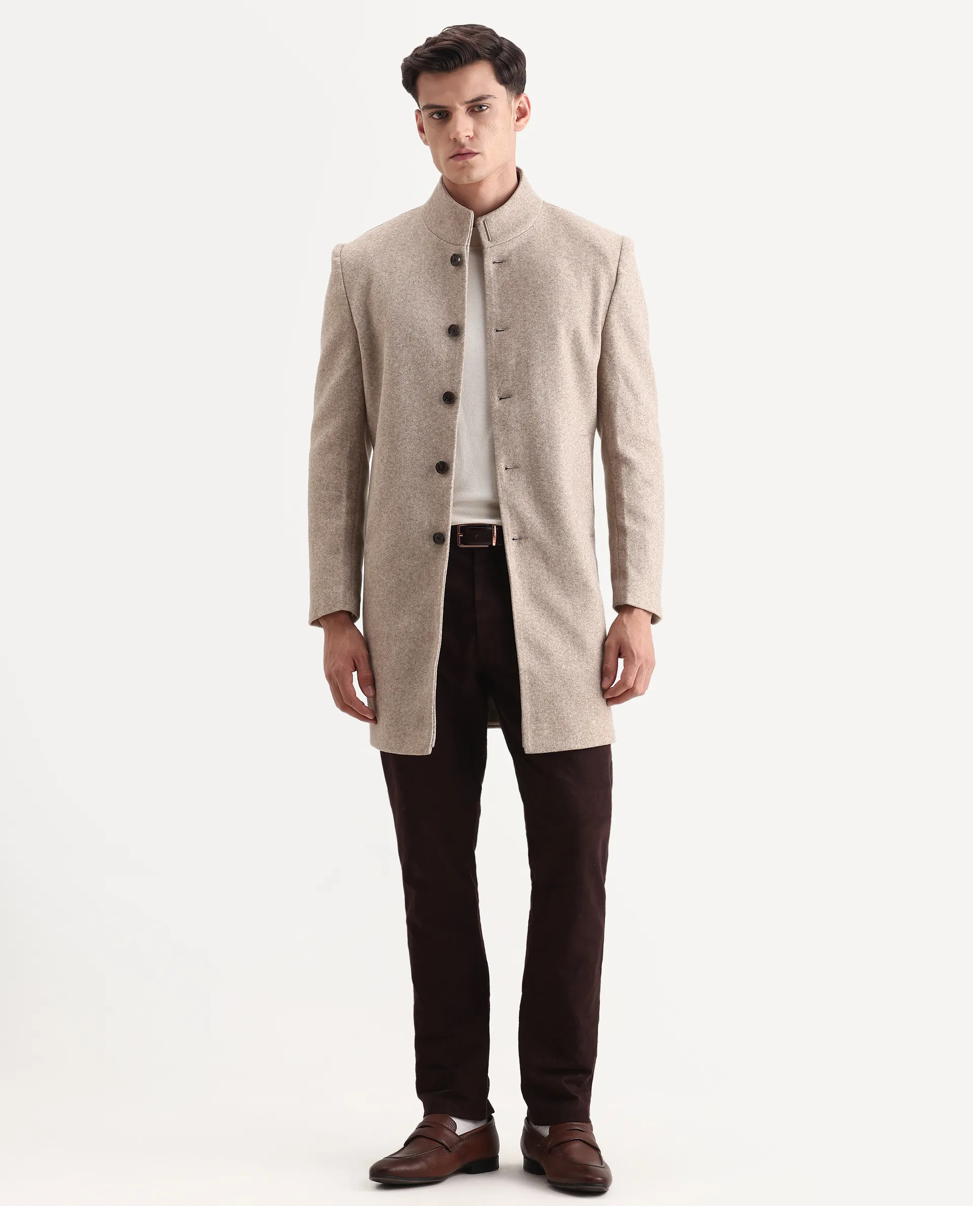 Rare Rabbit Men's Dune-25 Dark Beige Polyester Blend Fabric High Neck Relaxed Plain Coat - Image 2