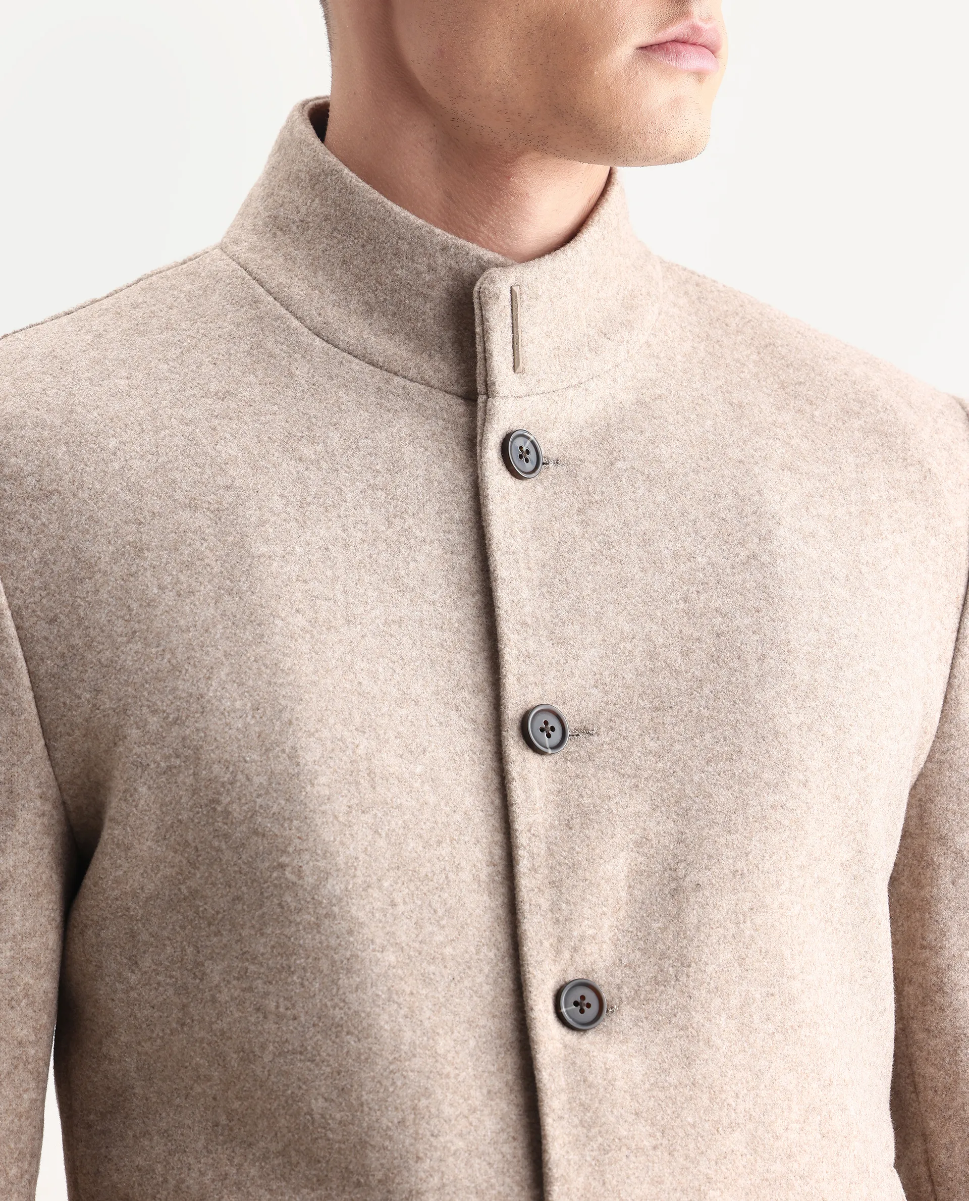 Rare Rabbit Men's Dune-25 Dark Beige Polyester Blend Fabric High Neck Relaxed Plain Coat - Image 3