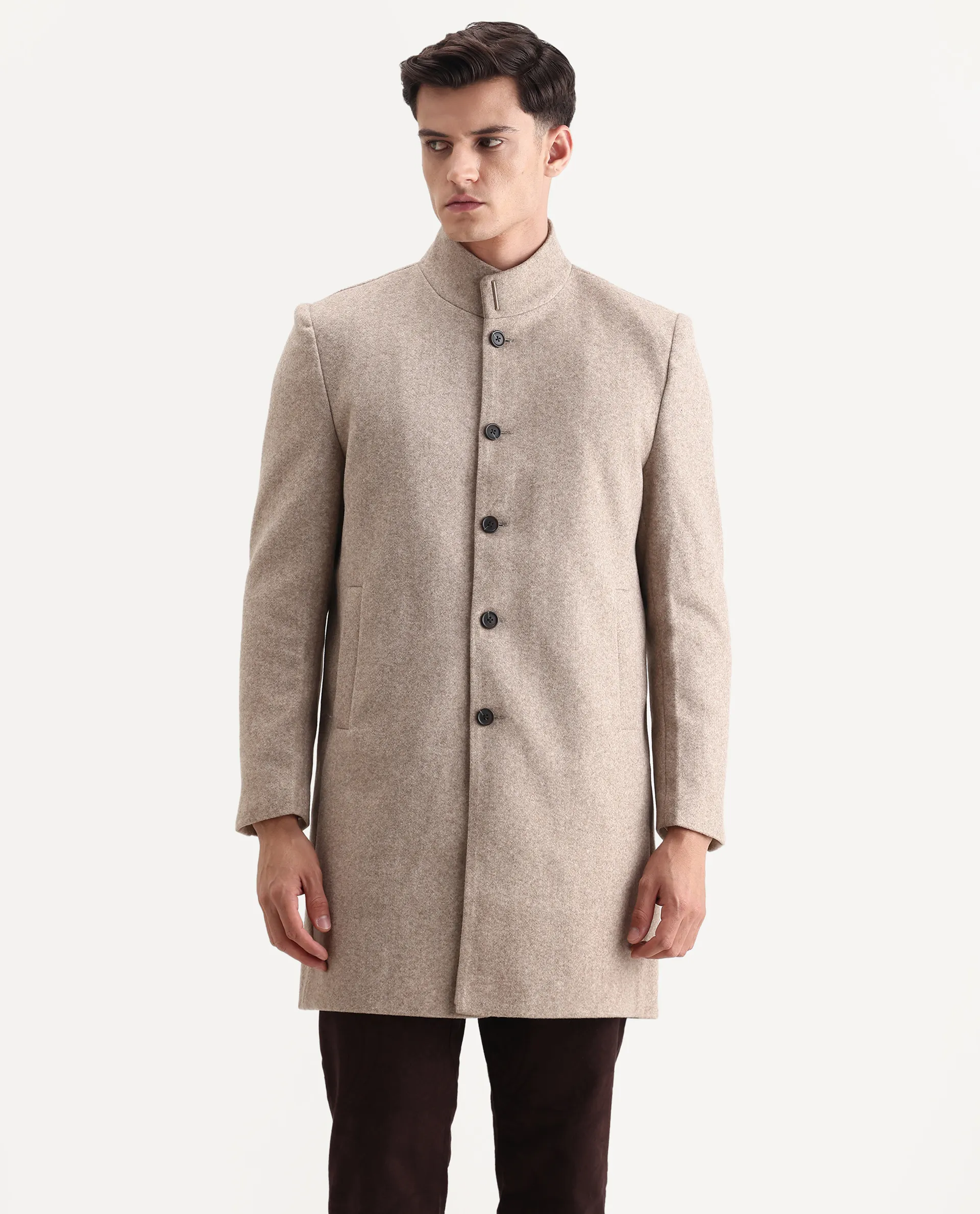 Rare Rabbit Men's Dune-25 Dark Beige Polyester Blend Fabric High Neck Relaxed Plain Coat - Image 4