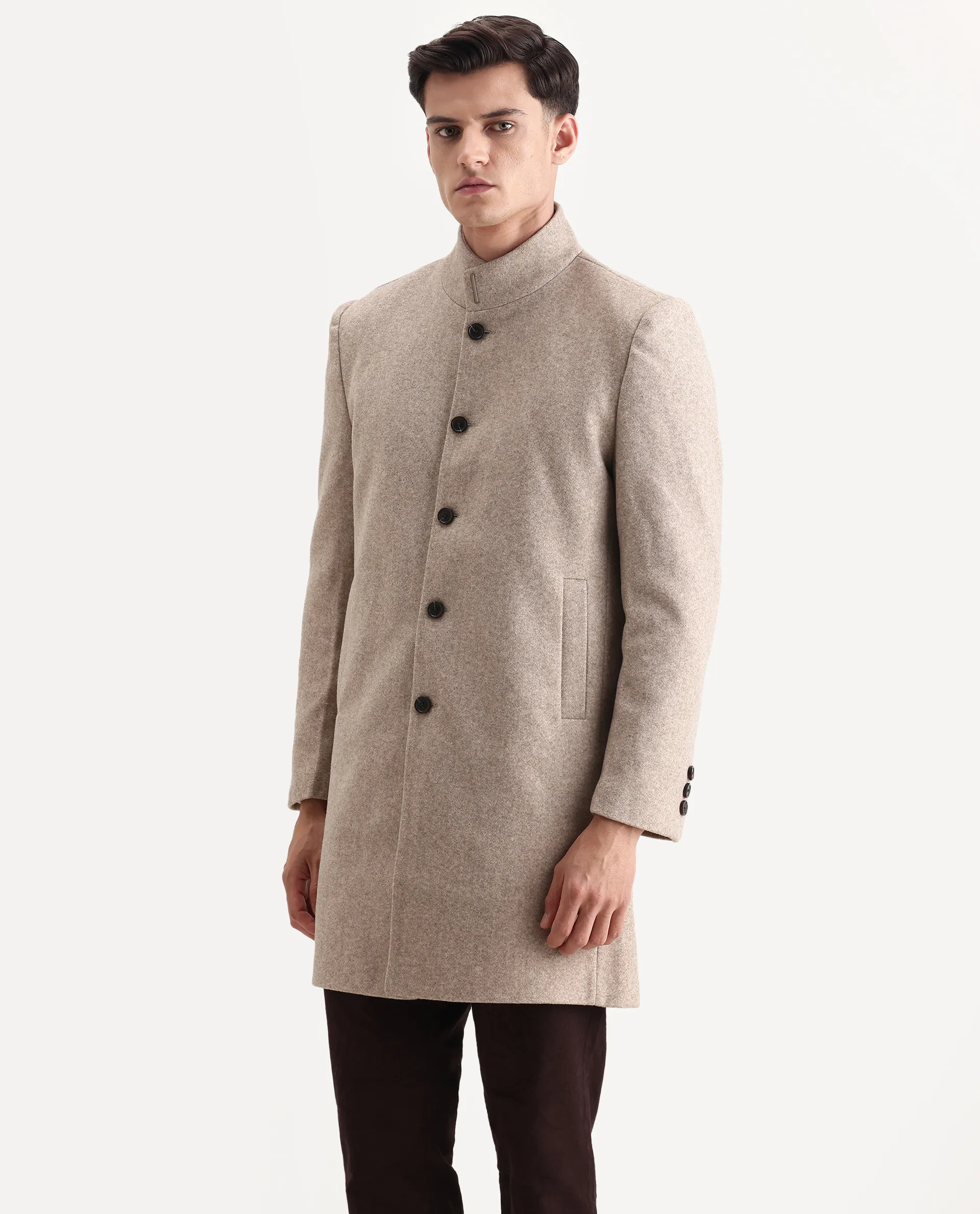 Rare Rabbit Men's Dune-25 Dark Beige Polyester Blend Fabric High Neck Relaxed Plain Coat - Image 5