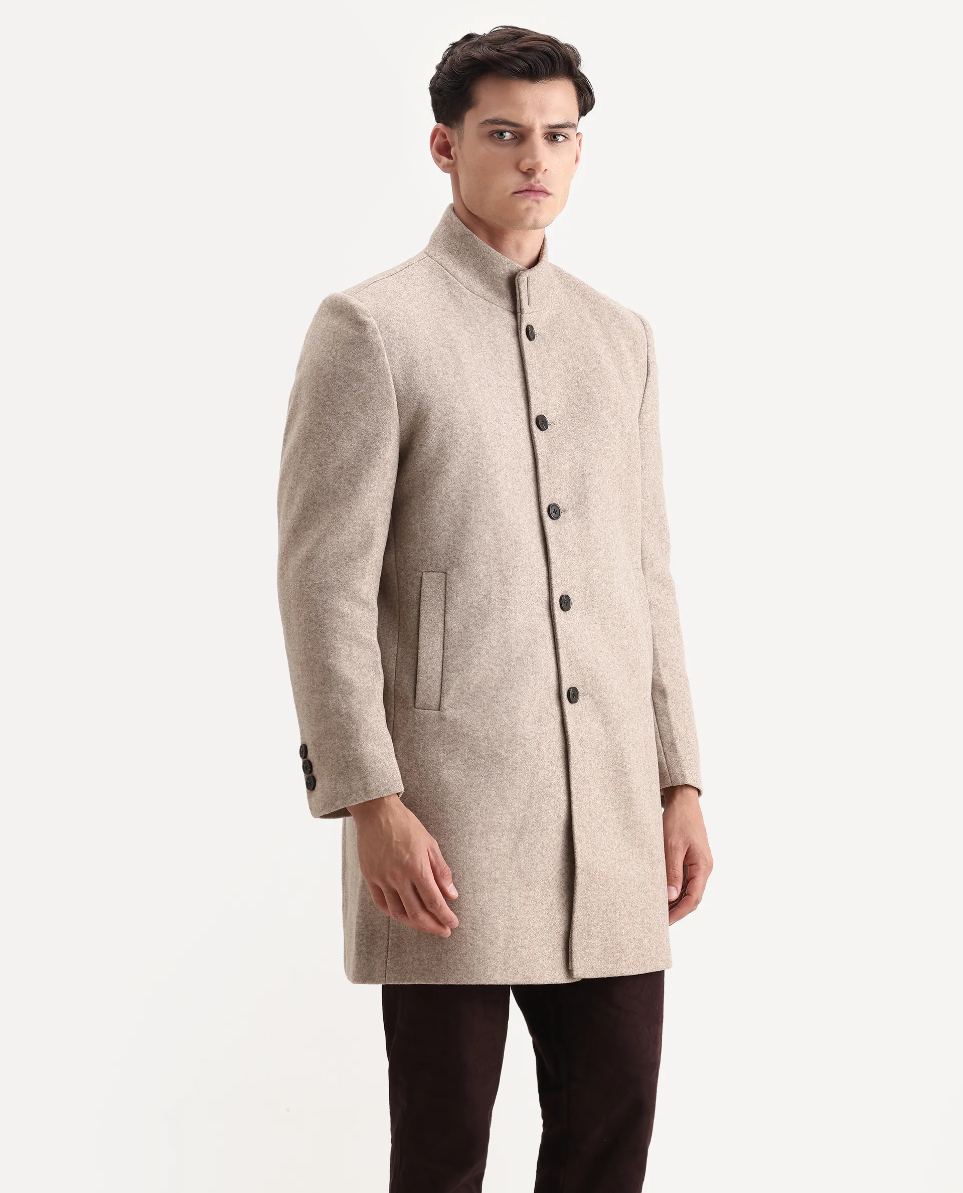 Rare Rabbit Men's Dune-25 Dark Beige Polyester Blend Fabric High Neck Relaxed Plain Coat - Image 6