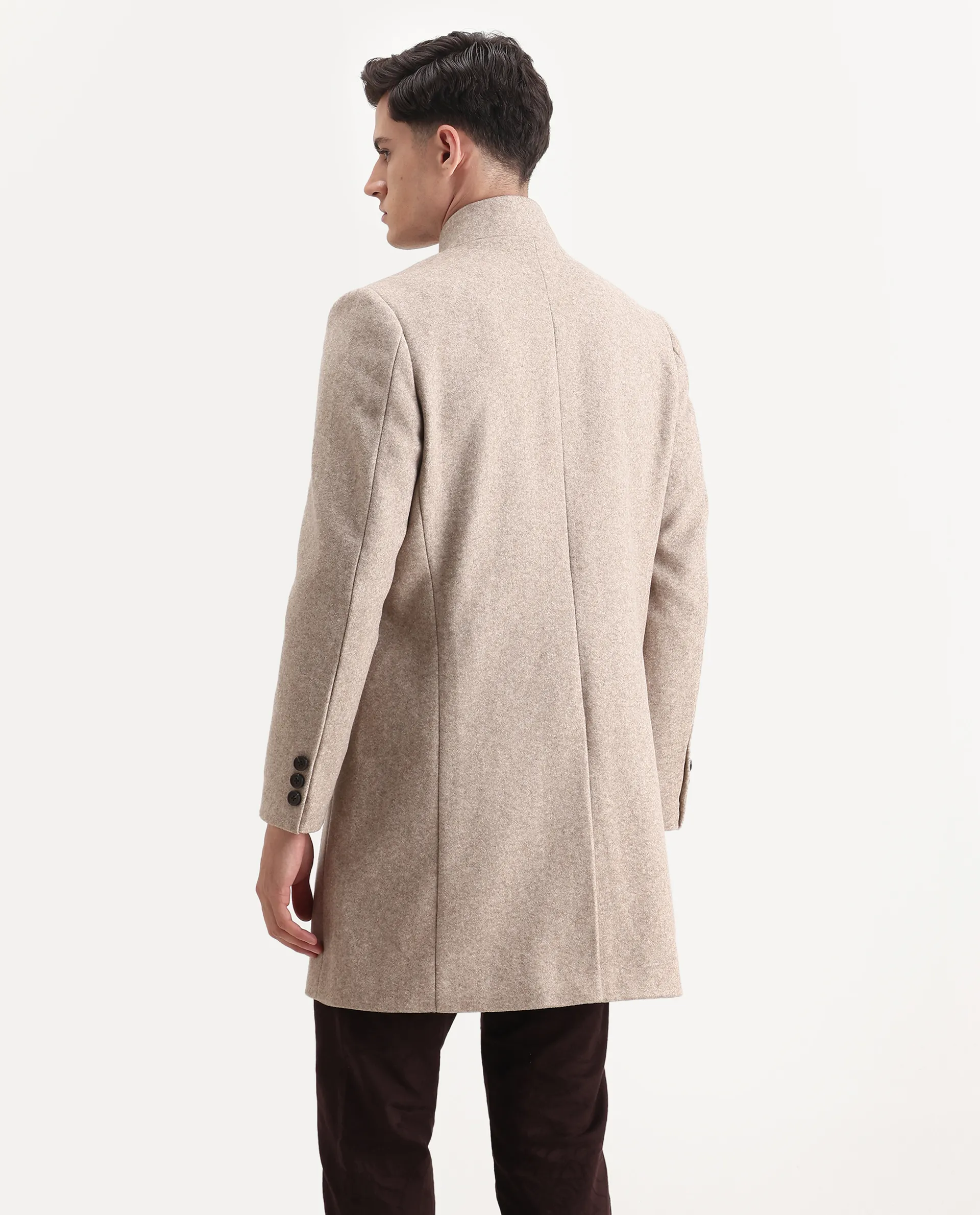 Rare Rabbit Men's Dune-25 Dark Beige Polyester Blend Fabric High Neck Relaxed Plain Coat - Image 7