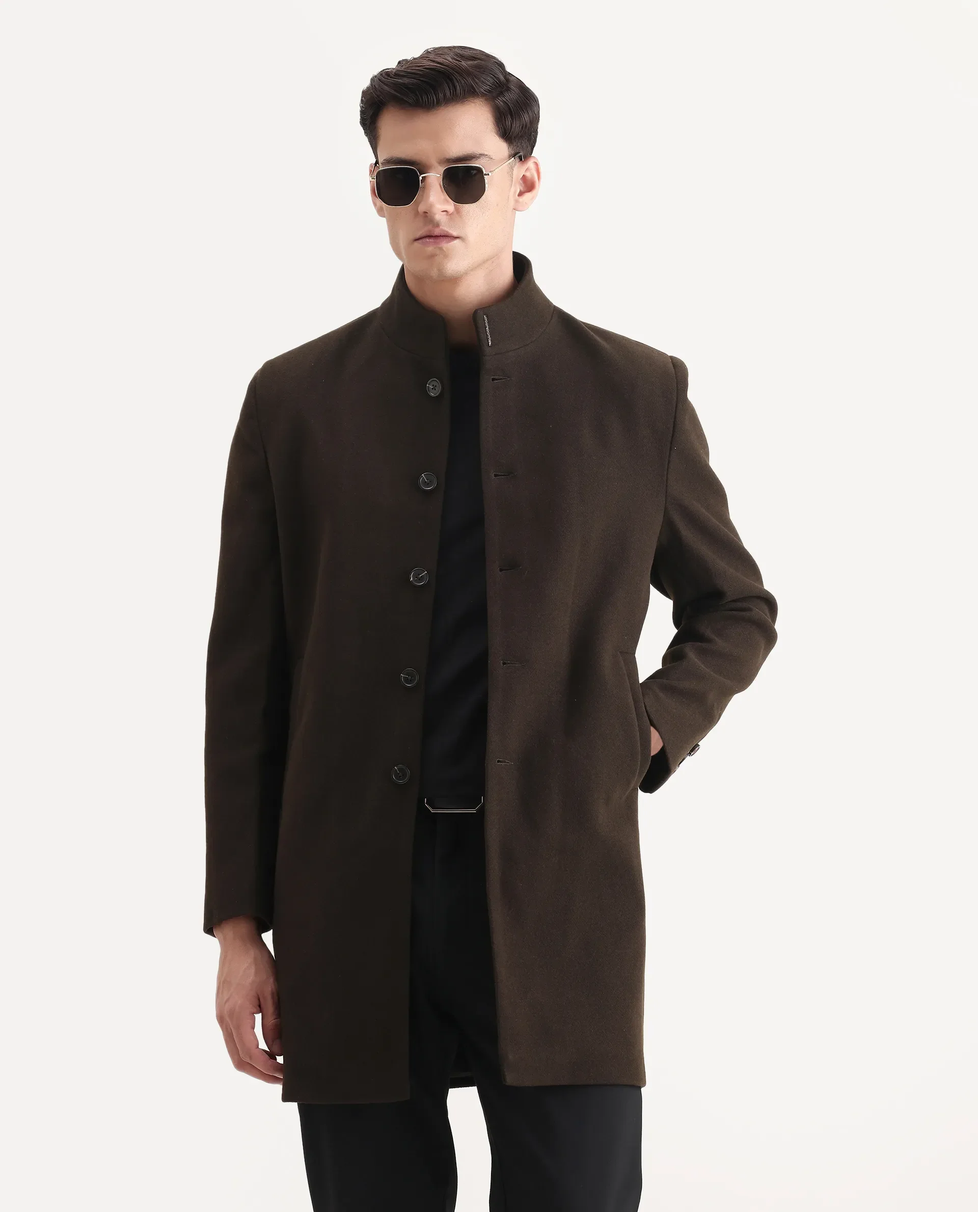 Rare Rabbit Men's Dune-25 Olive Polyester Blend Fabric High Neck Relaxed Plain Coat