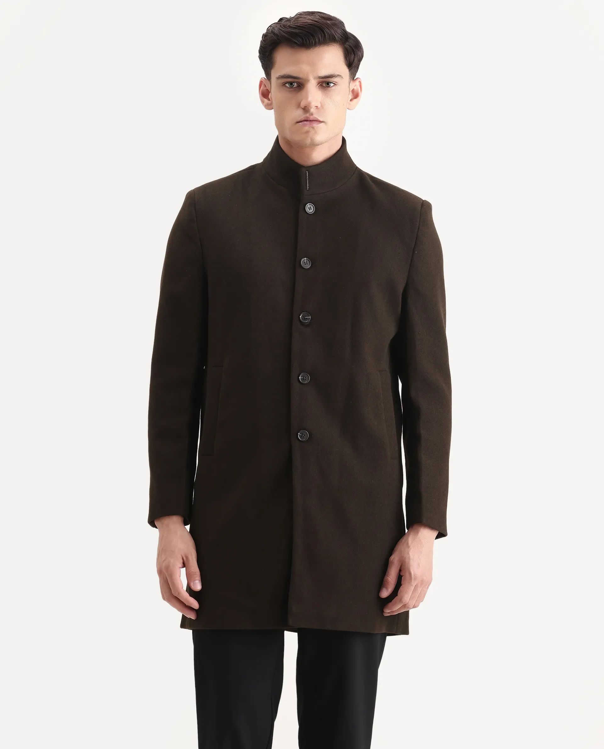 Rare Rabbit Men's Dune-25 Olive Polyester Blend Fabric High Neck Relaxed Plain Coat - Image 5