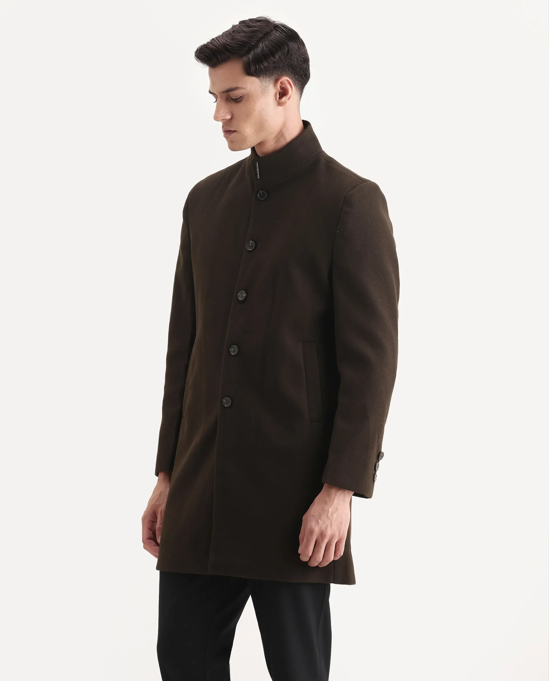 Rare Rabbit Men's Dune-25 Olive Polyester Blend Fabric High Neck Relaxed Plain Coat - Image 6
