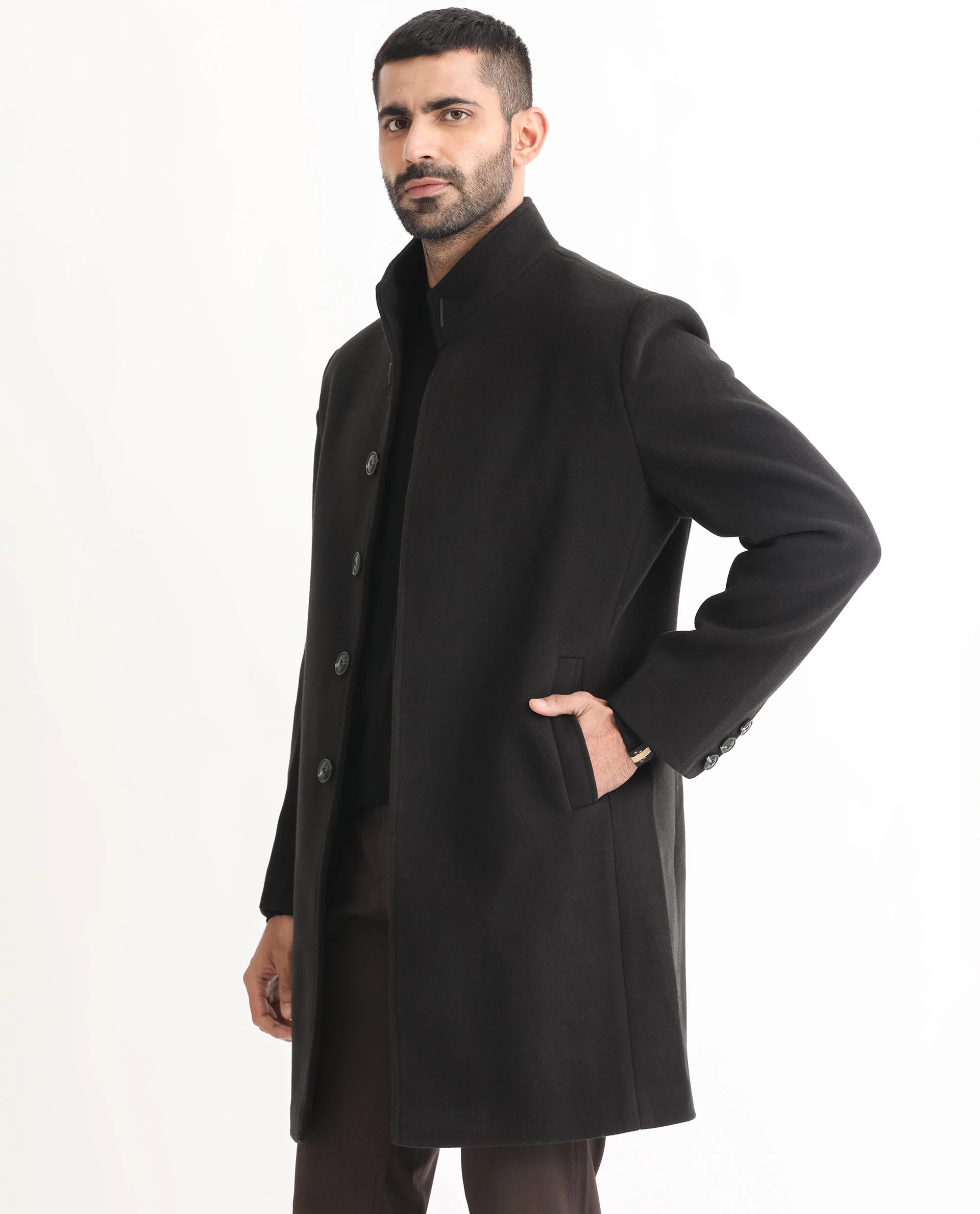 Rare Rabbit Men's Dune Black Polyester Plain Tailored Fit Full Sleeve Mandarin Collar Jacket - Image 5