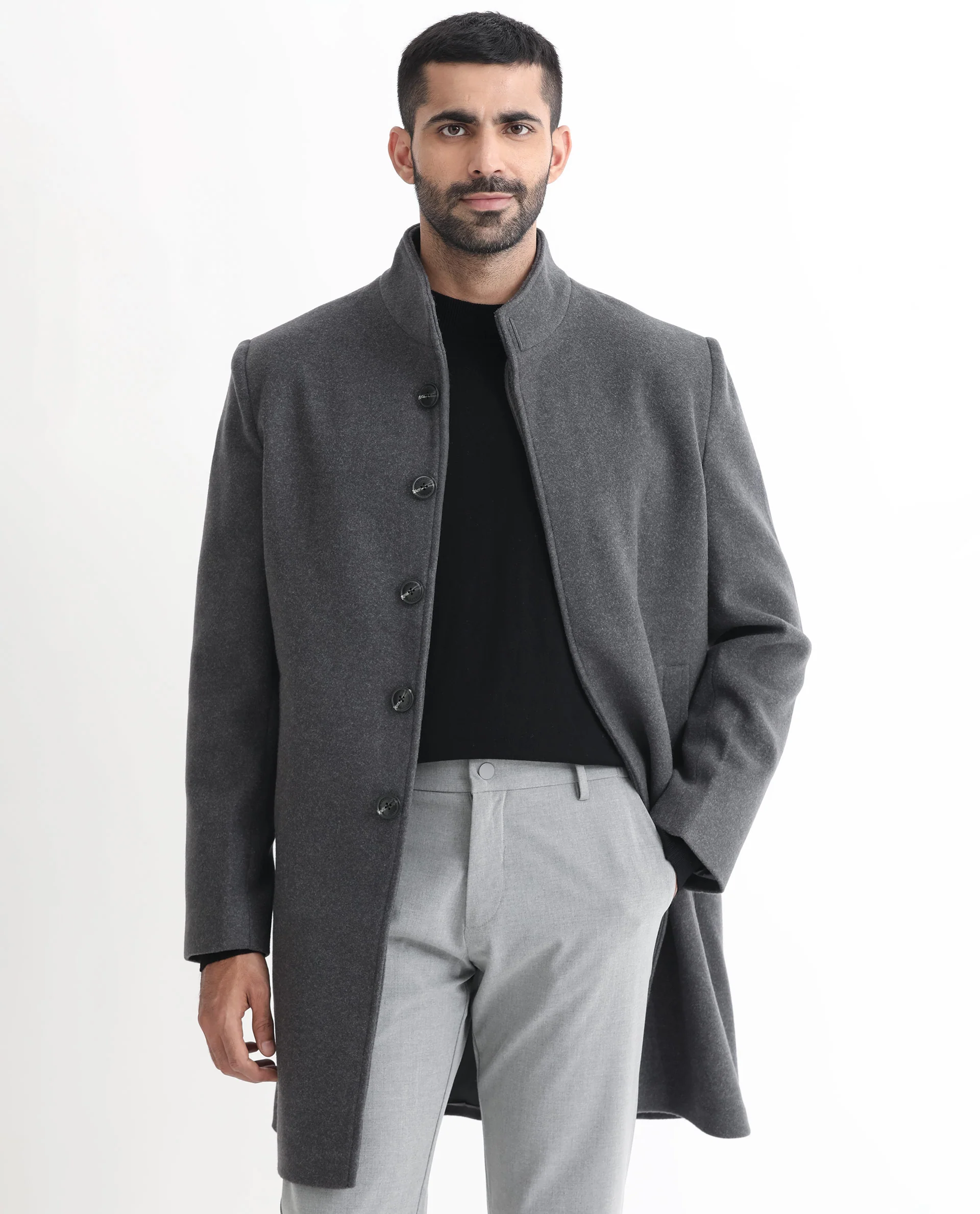 Rare Rabbit Men's Dune Grey Polyester Plain Tailored Fit Full Sleeve Mandarin Collar Jacket