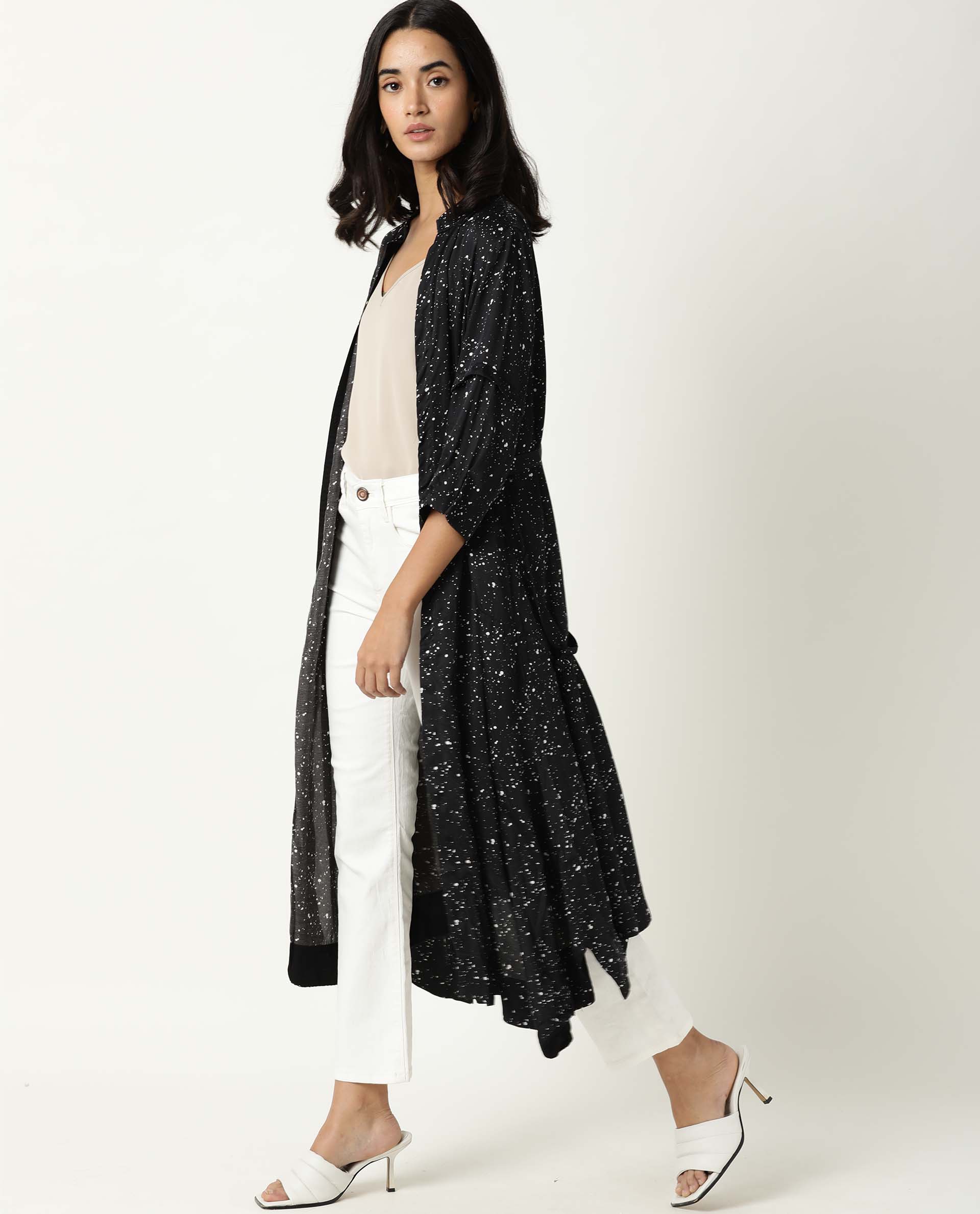 Rareism Women Dune Black Overlayer Short Sleeves Printed