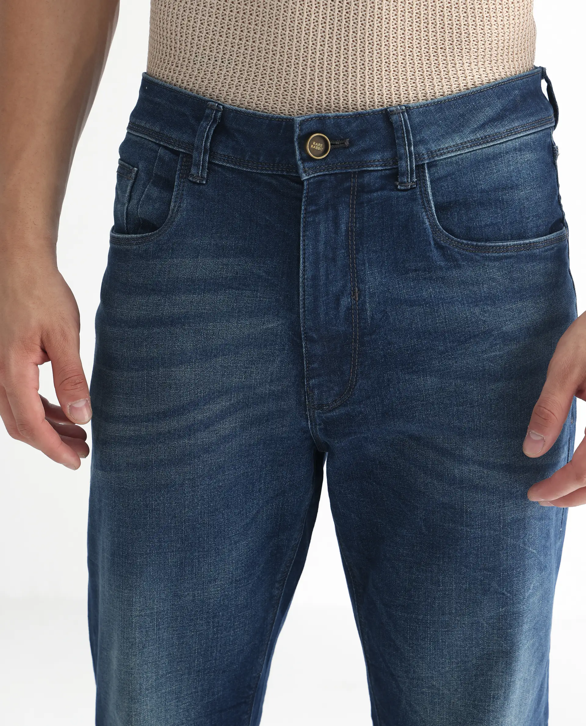 Rare Rabbit Men's Dunker Navy Cotton Plain Hawk Slim Fit Jeans - Image 3