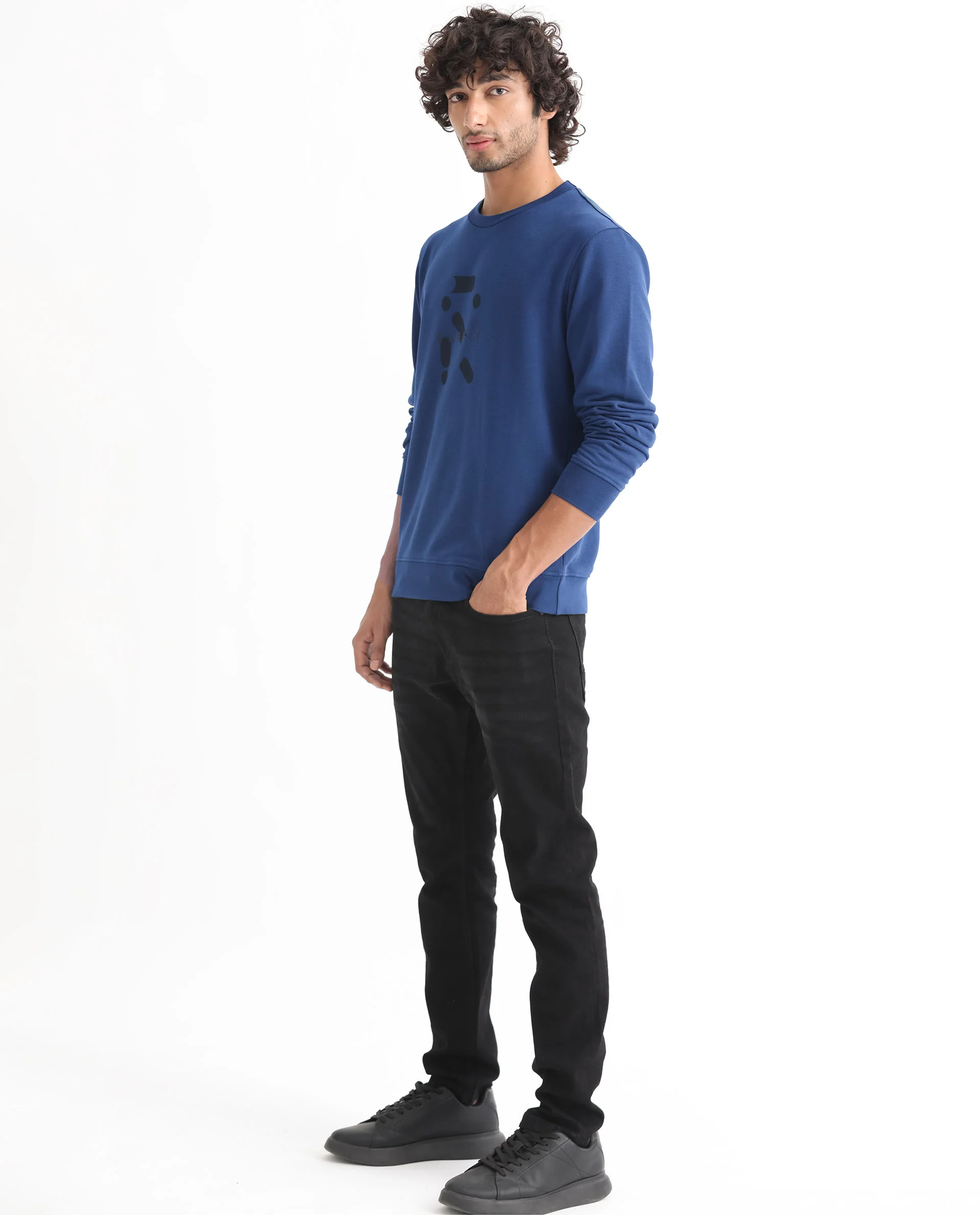 Rare Rabbit Men's Dunsto Blue Cotton Graphic Print Regular Fit Full Sleeve Crew Neck Sweatshirt - Image 5