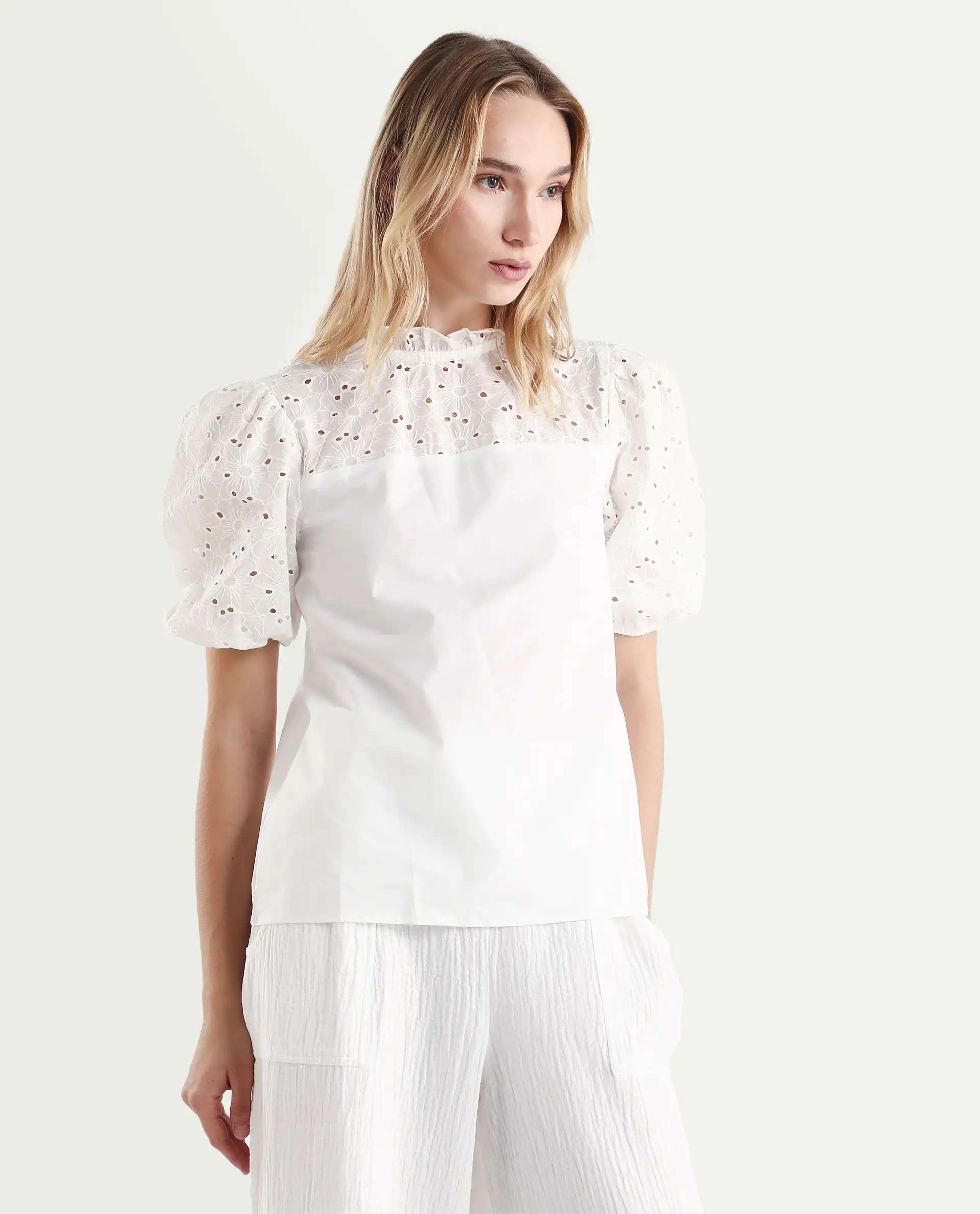 Rareism Women's Dunzon White Cotton Sweetheart Neck Plain Puff Sleeves Regular Fit Top - Image 5