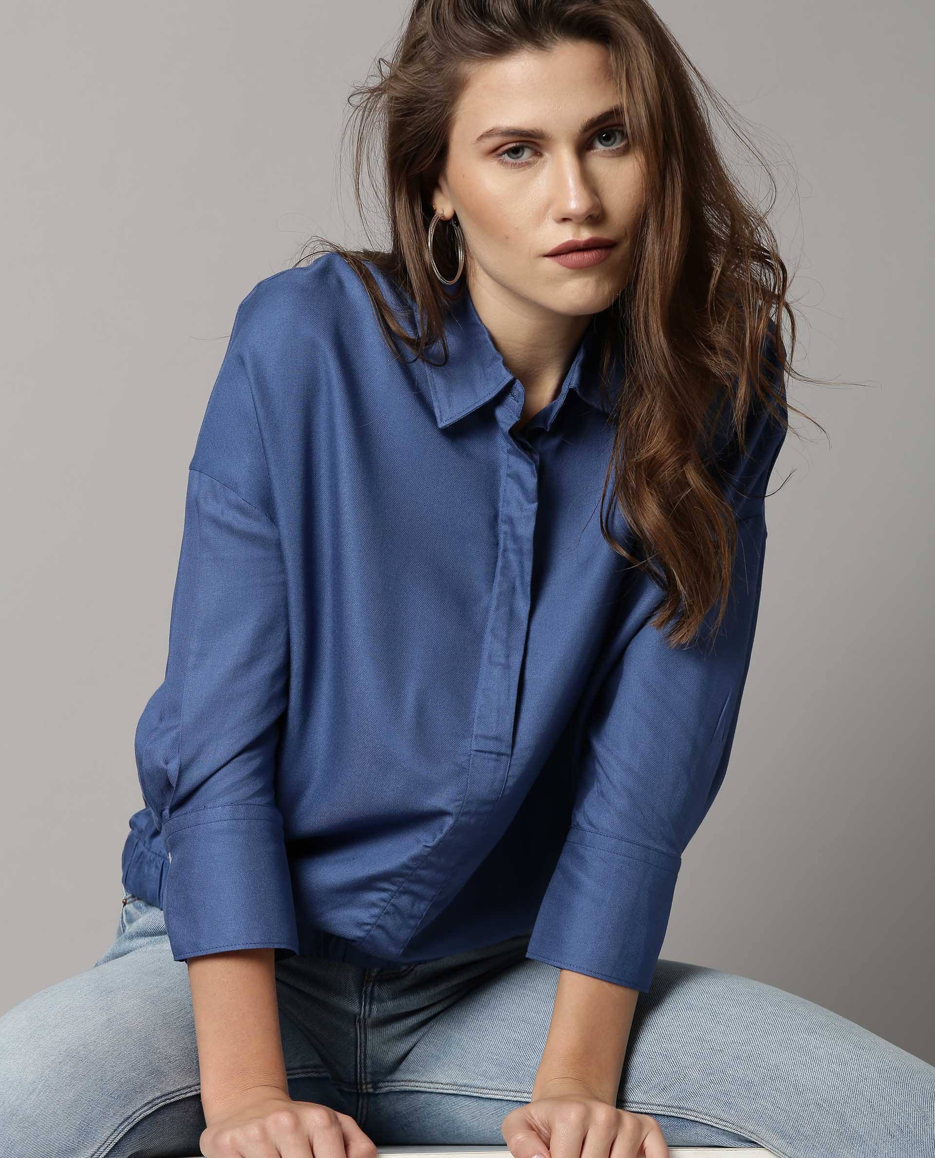 Rareism Women Dupe Blue Top Short Sleeves Solid