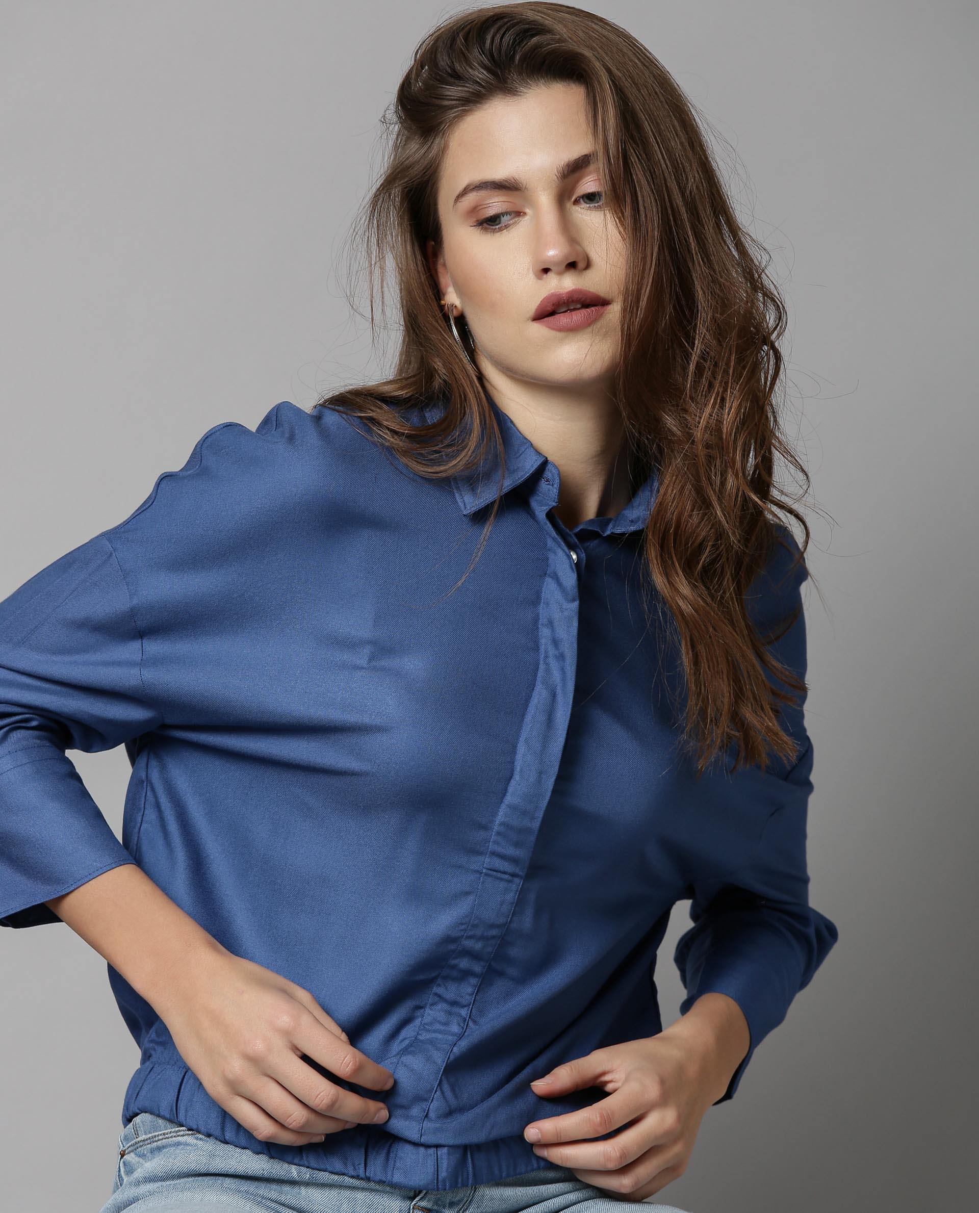 Rareism Women Dupe Blue Top Short Sleeves Solid - Image 3