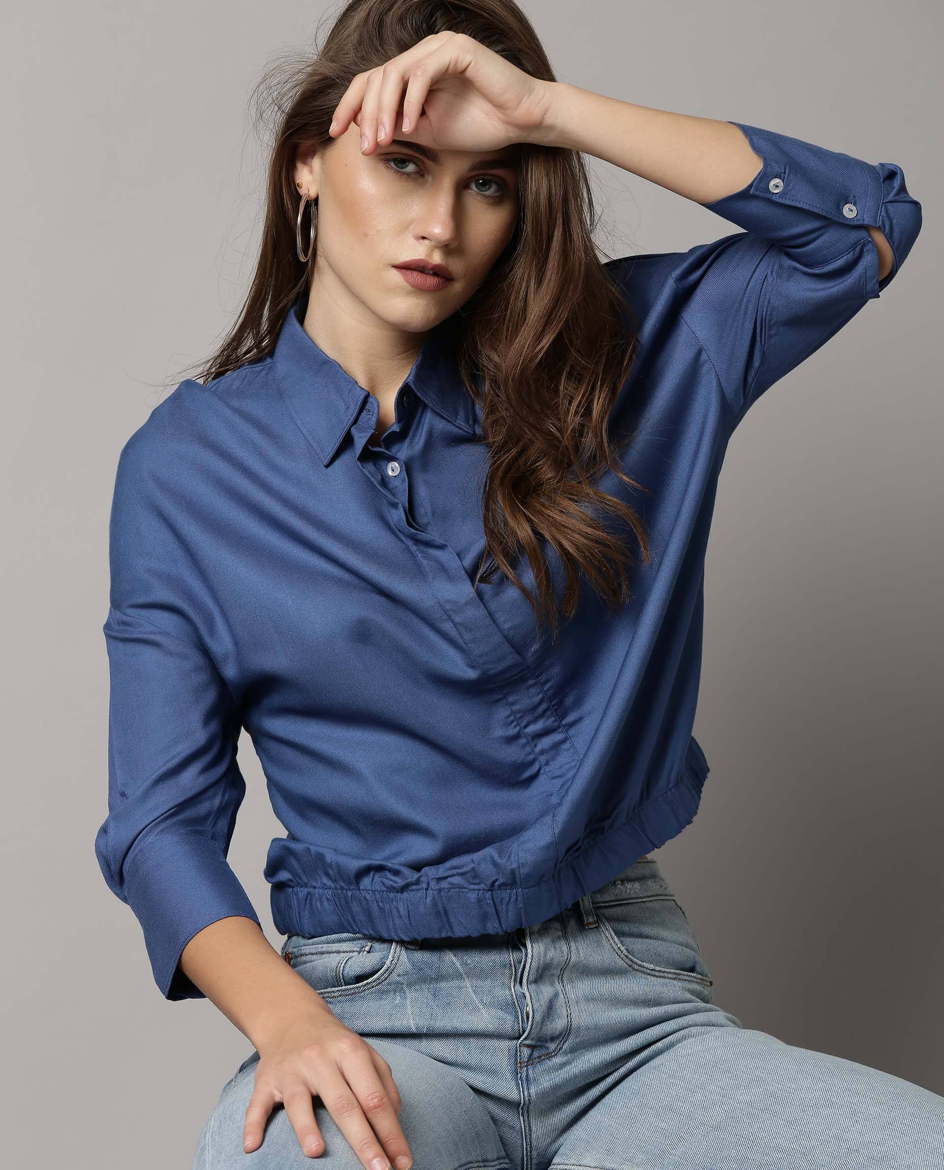 Rareism Women Dupe Blue Top Short Sleeves Solid - Image 4