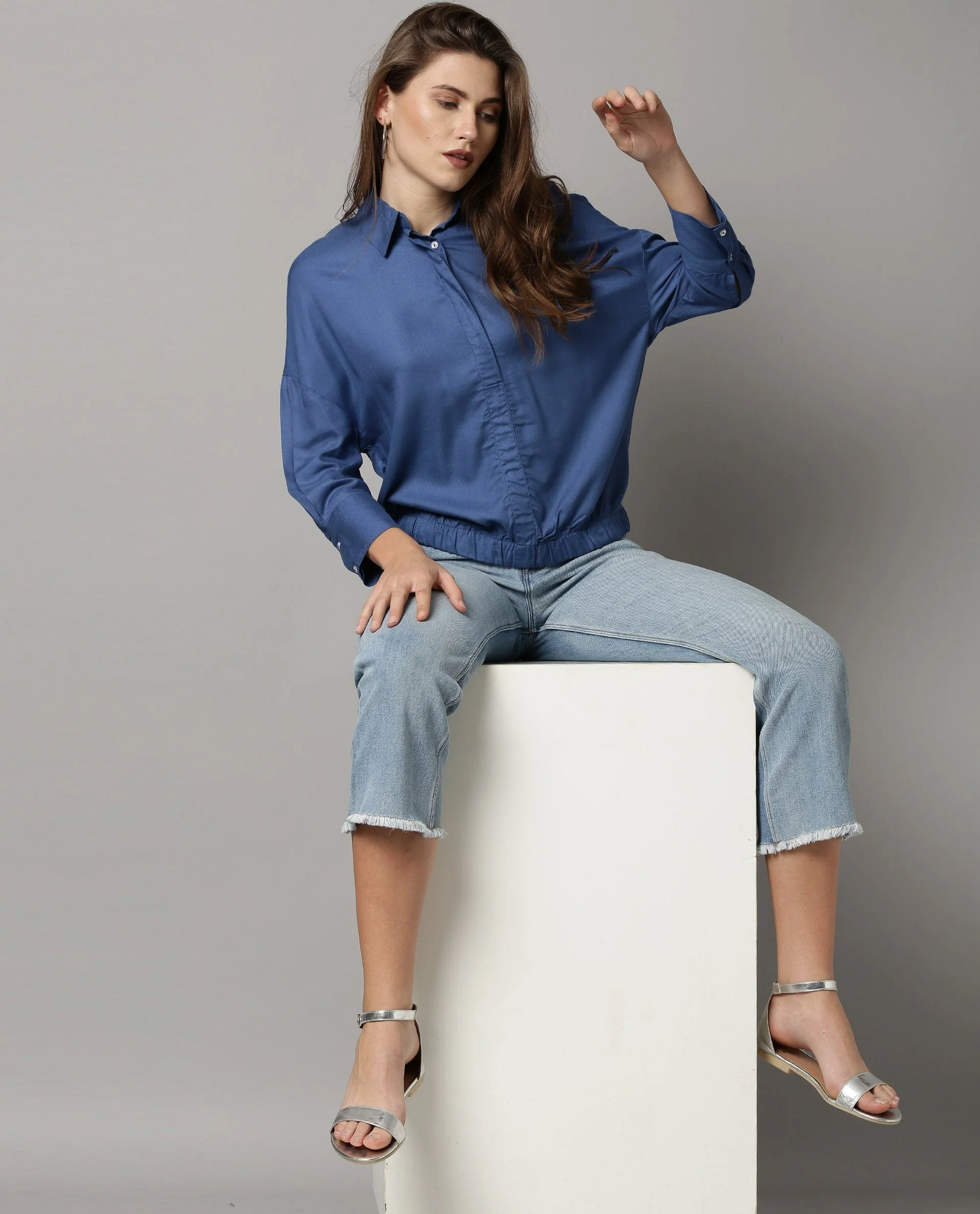 Rareism Women Dupe Blue Top Short Sleeves Solid - Image 6