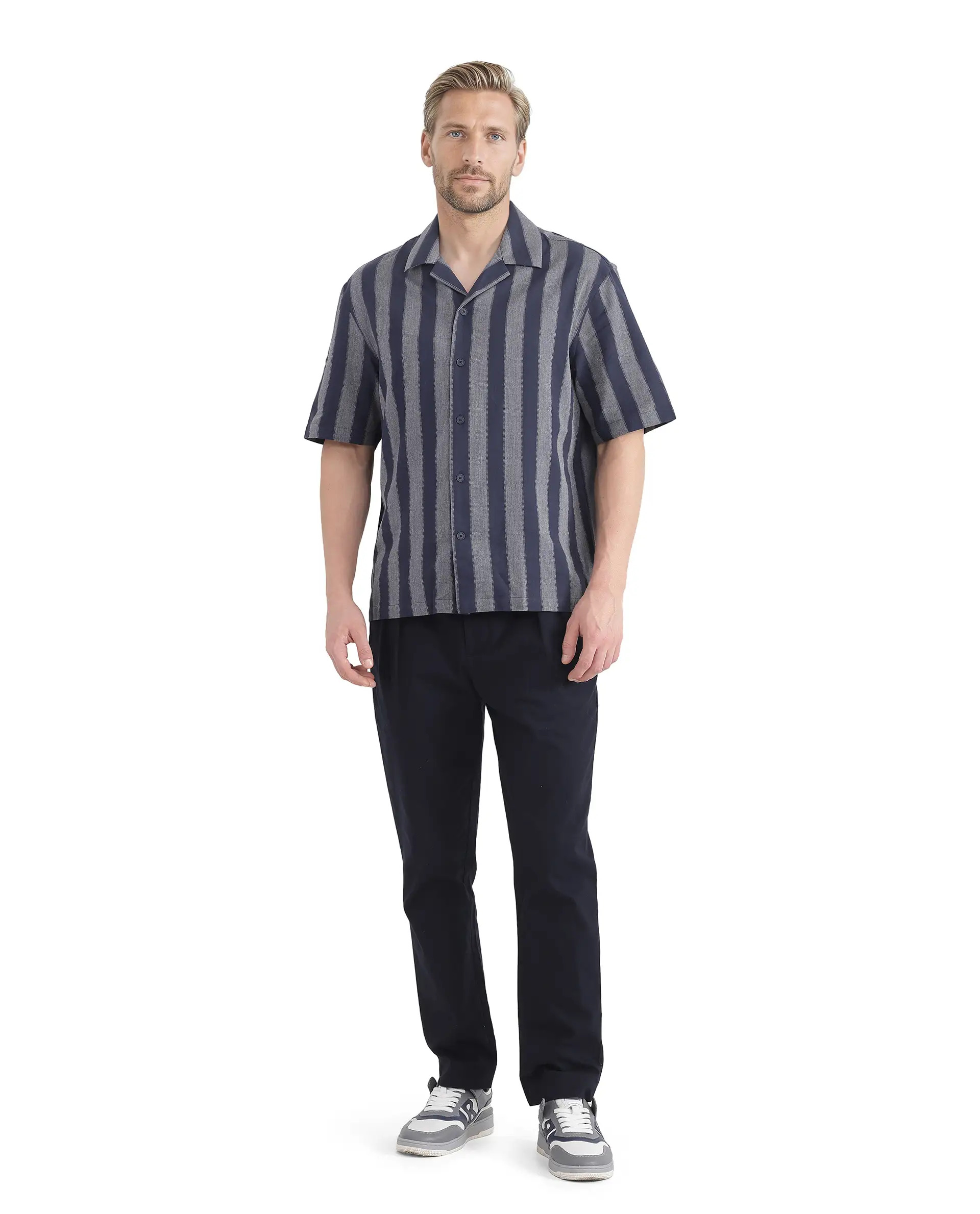 Rare Rabbit Men's Dushan Navy Cotton Striped Print Regular Fit Half Sleeve Cuban Collar Shirt - Image 2