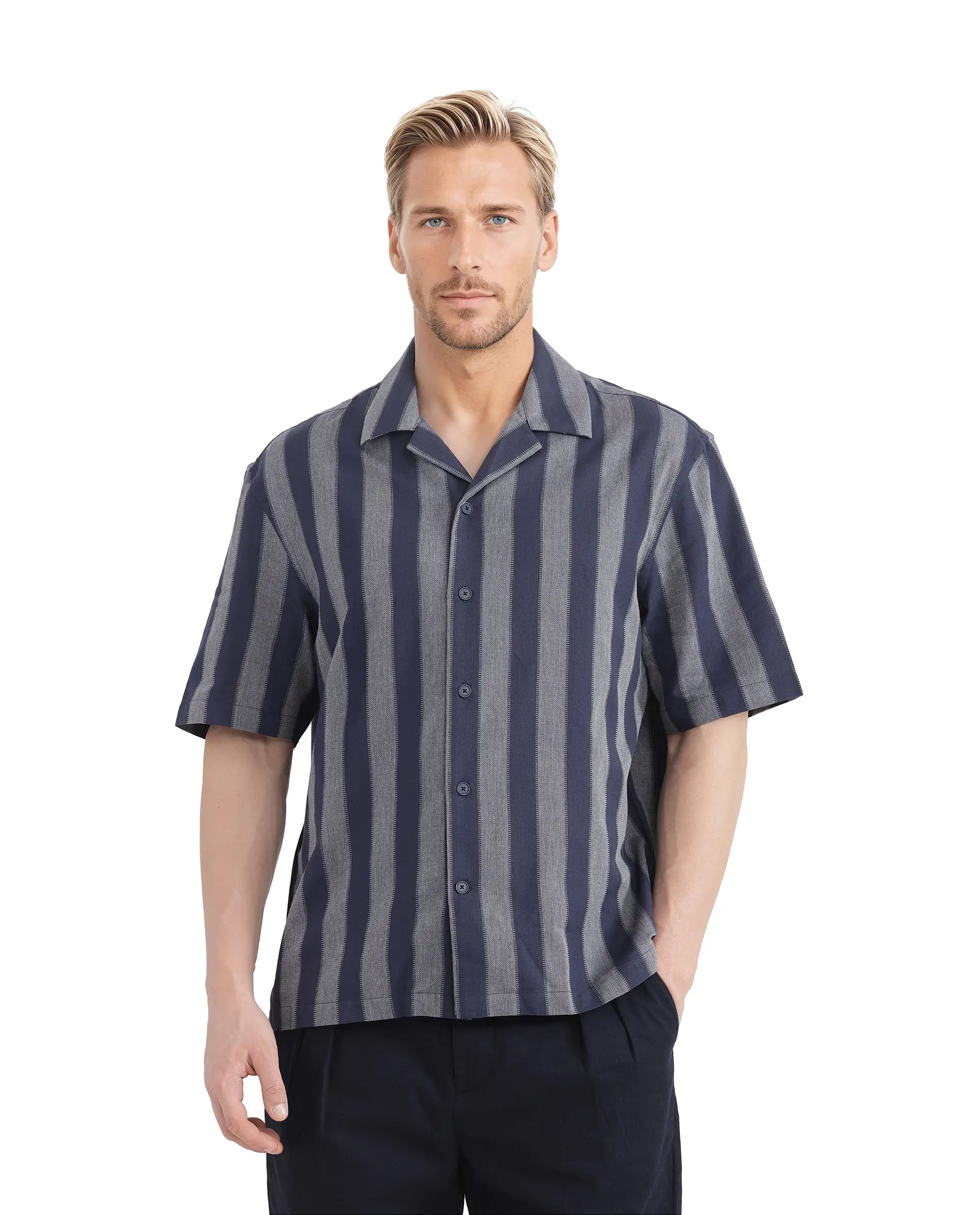 Rare Rabbit Men's Dushan Navy Cotton Striped Print Regular Fit Half Sleeve Cuban Collar Shirt - Image 3