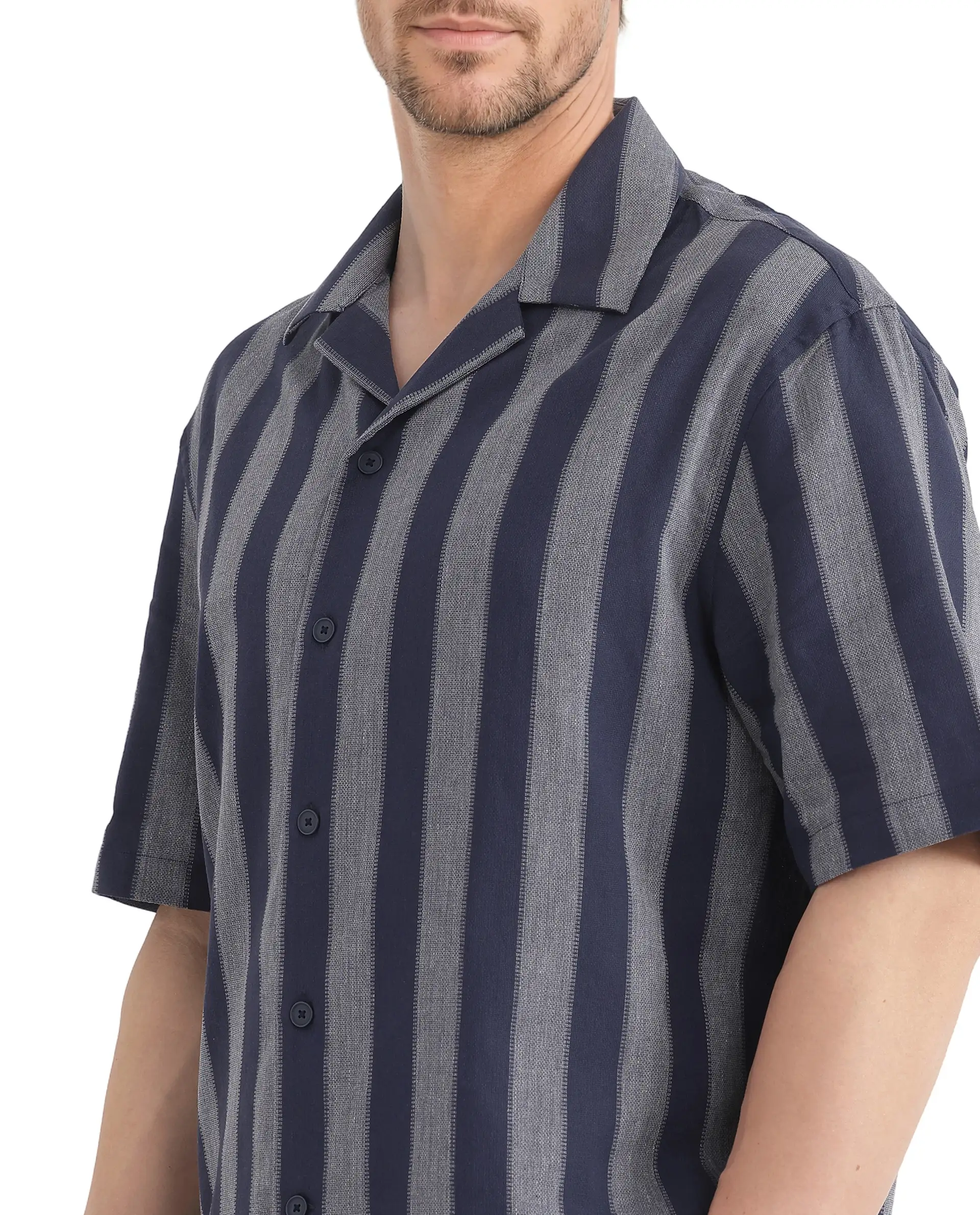 Rare Rabbit Men's Dushan Navy Cotton Striped Print Regular Fit Half Sleeve Cuban Collar Shirt - Image 4