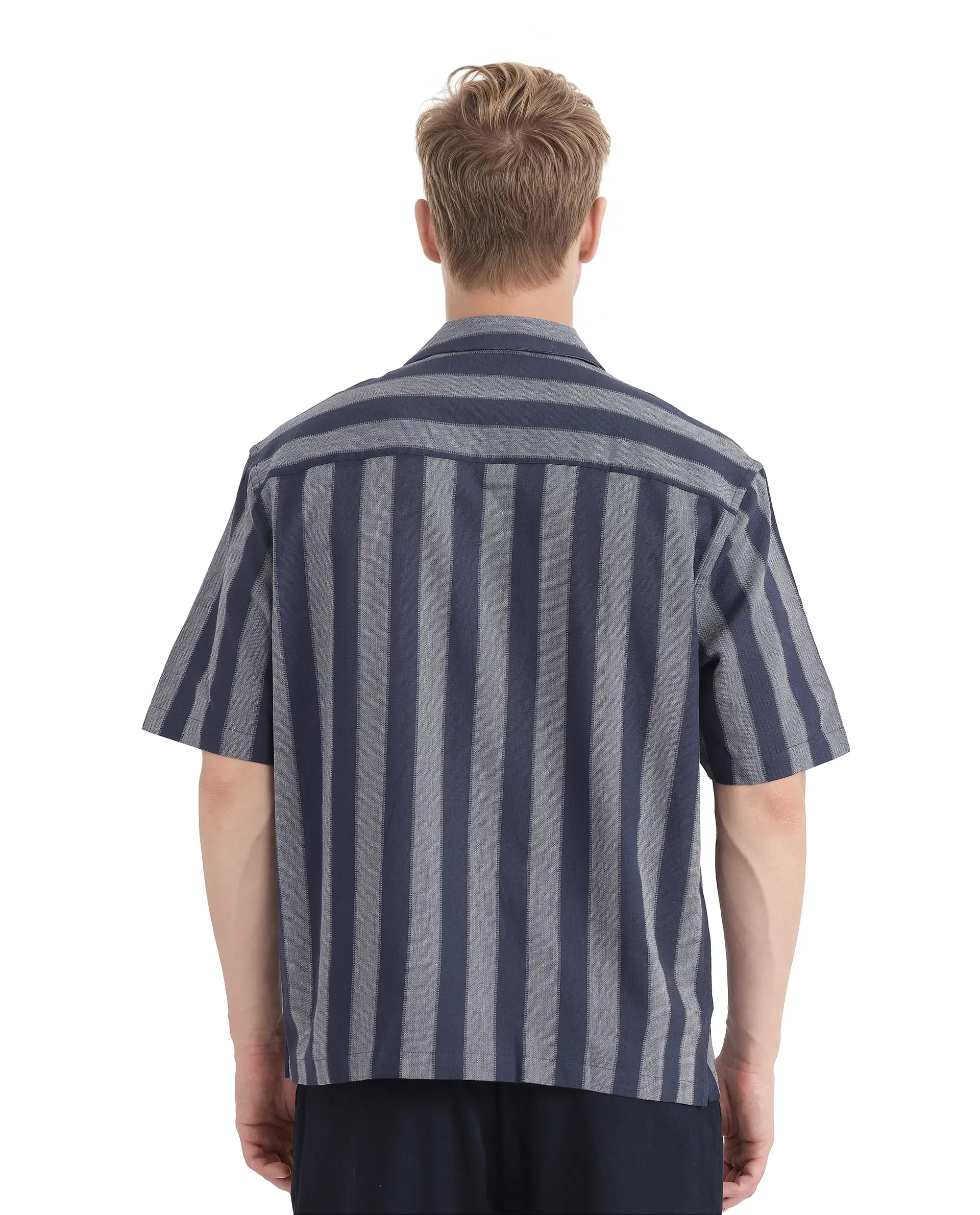 Rare Rabbit Men's Dushan Navy Cotton Striped Print Regular Fit Half Sleeve Cuban Collar Shirt - Image 5