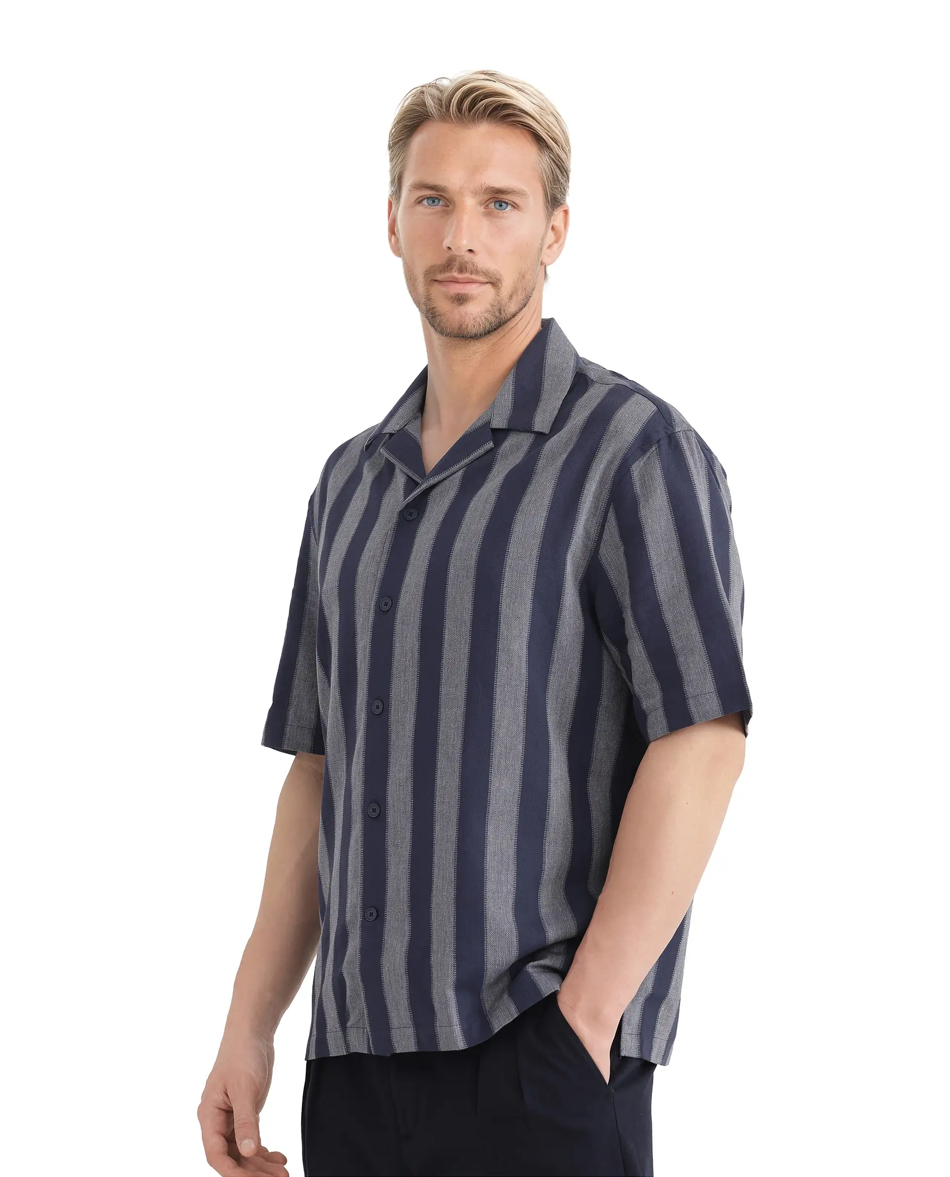 Rare Rabbit Men's Dushan Navy Cotton Striped Print Regular Fit Half Sleeve Cuban Collar Shirt - Image 6