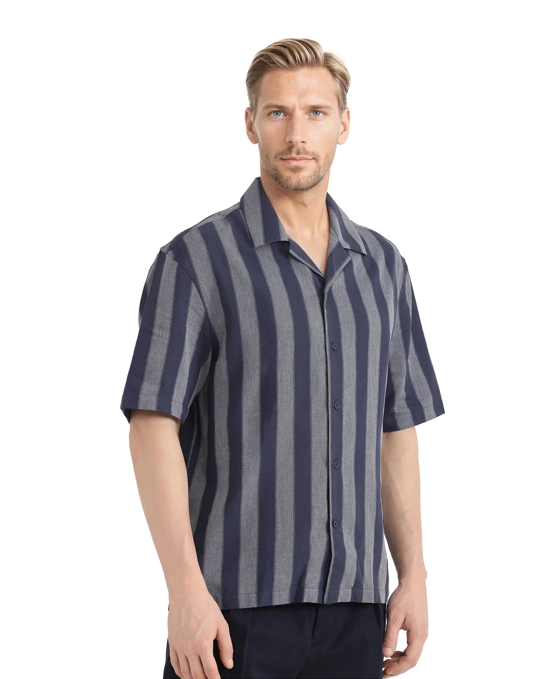Rare Rabbit Men's Dushan Navy Cotton Striped Print Regular Fit Half Sleeve Cuban Collar Shirt - Image 7