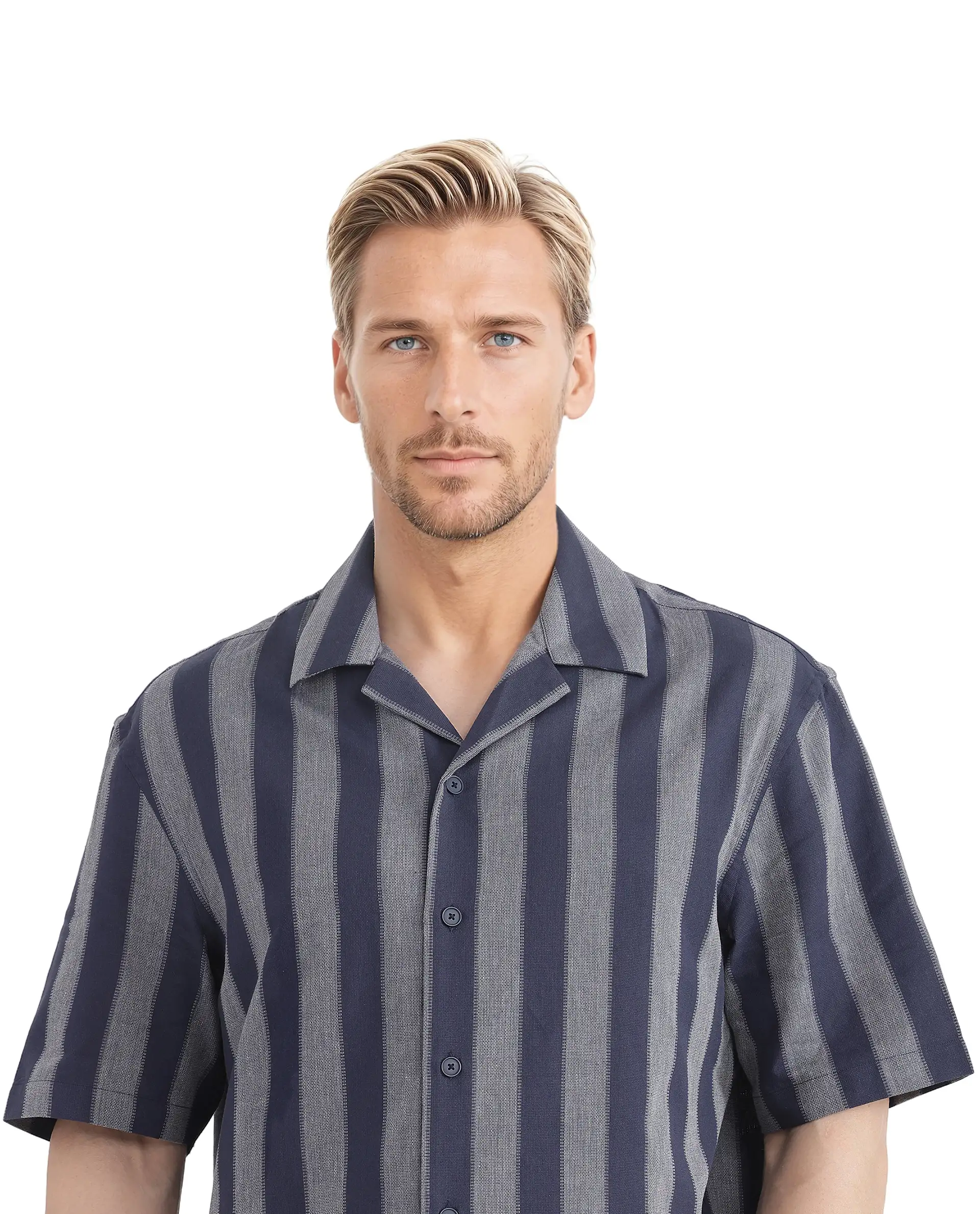 Rare Rabbit Men's Dushan Navy Cotton Striped Print Regular Fit Half Sleeve Cuban Collar Shirt - Image 8