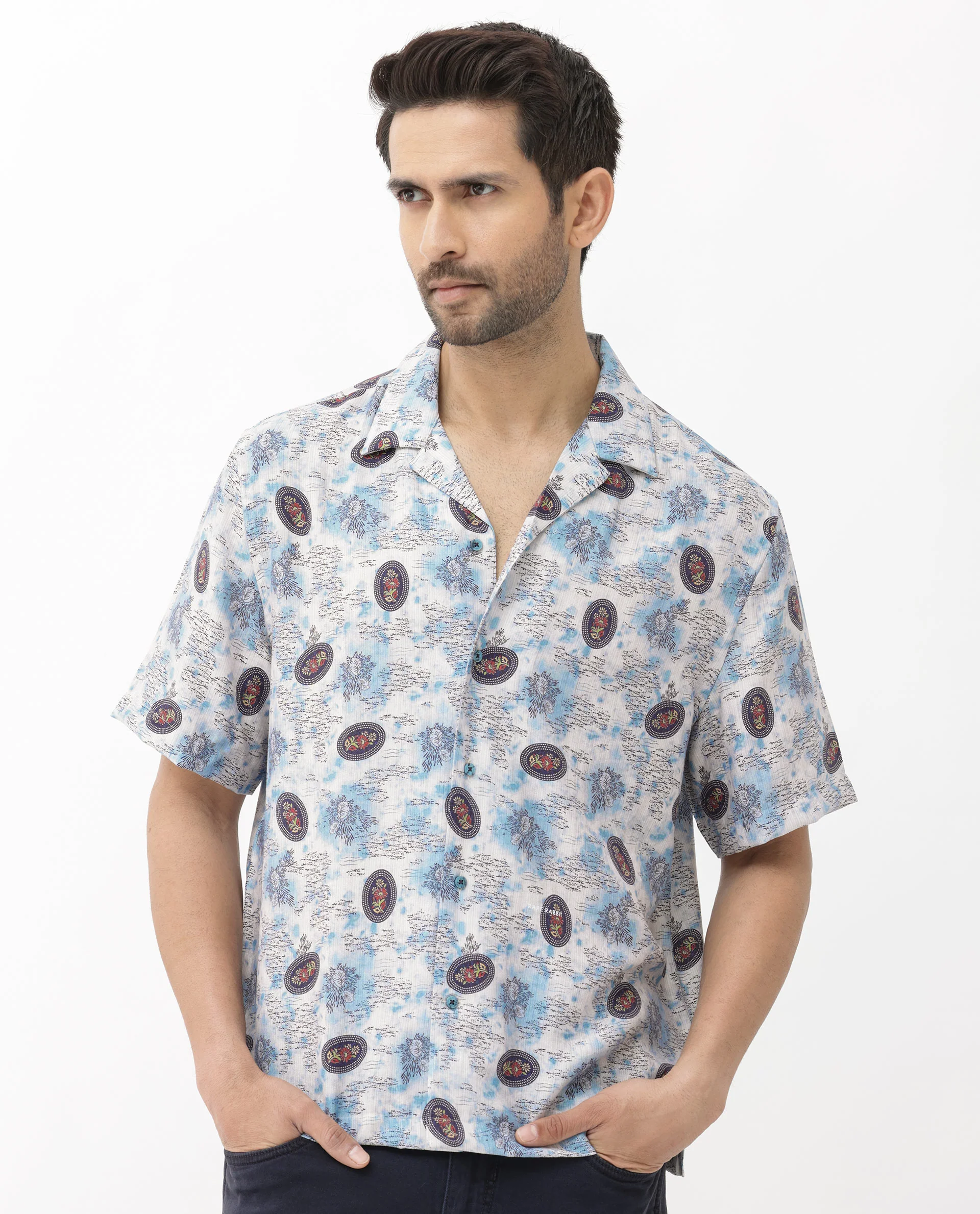 Rare Rabbit Men's Duskon Blue Viscose Abstract Print Boxy Fit Half Sleeve Cuban Collar Shirt - Image 10