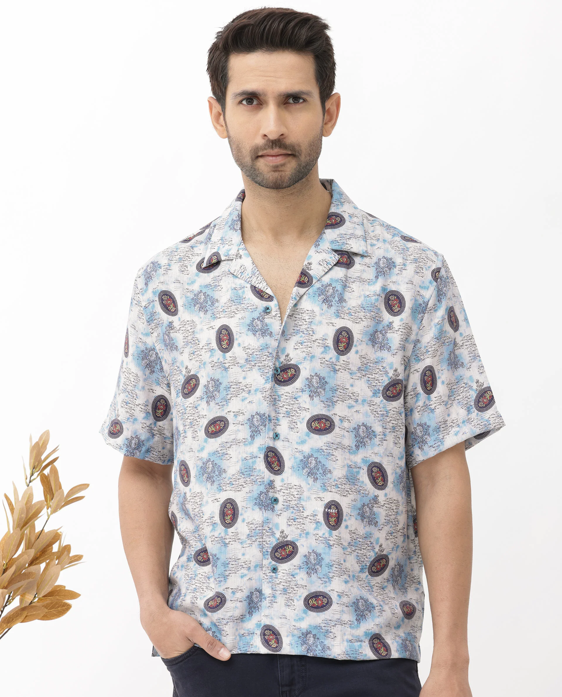 Rare Rabbit Men's Duskon Blue Viscose Abstract Print Boxy Fit Half Sleeve Cuban Collar Shirt - Image 3