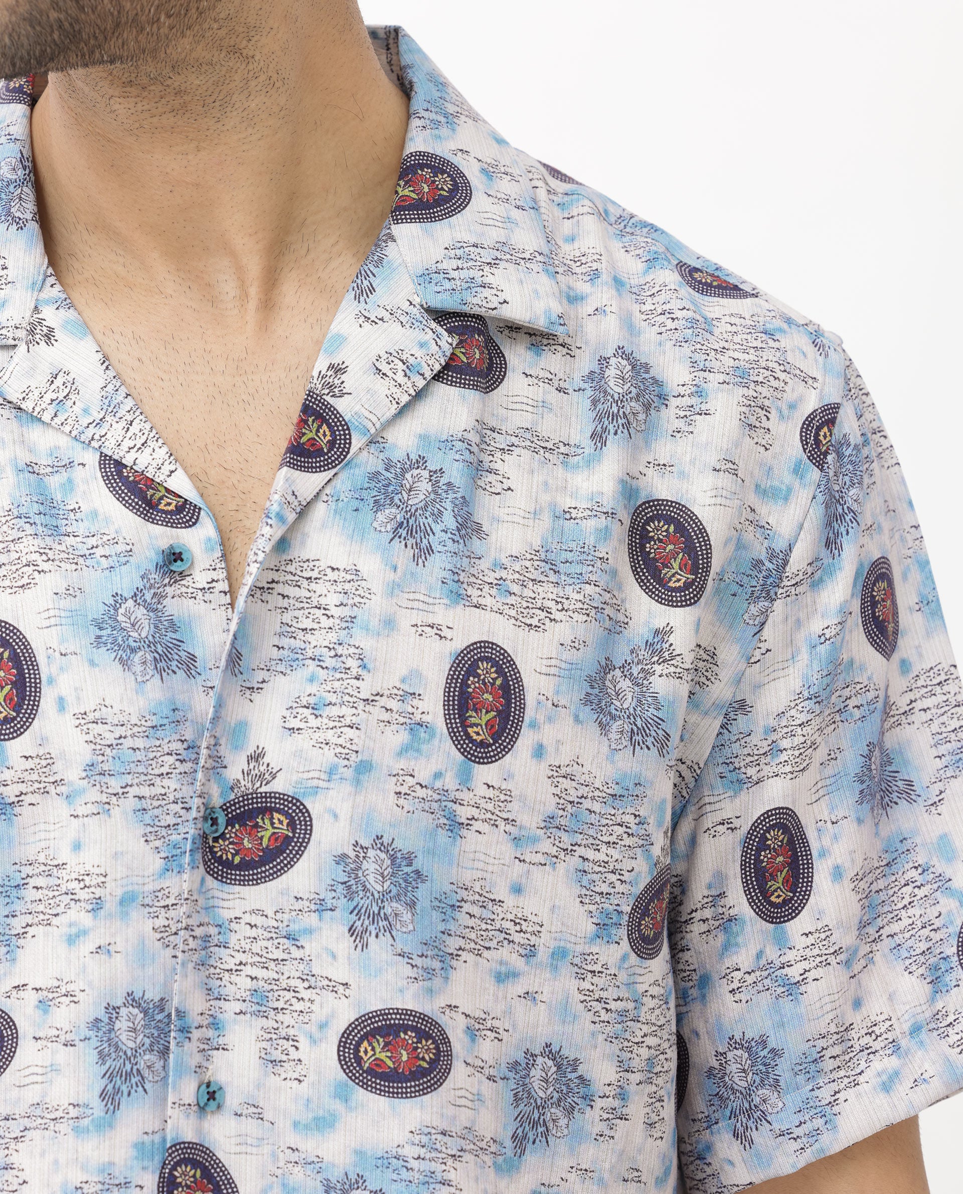 Rare Rabbit Men's Duskon Blue Viscose Abstract Print Boxy Fit Half Sleeve Cuban Collar Shirt - Image 4