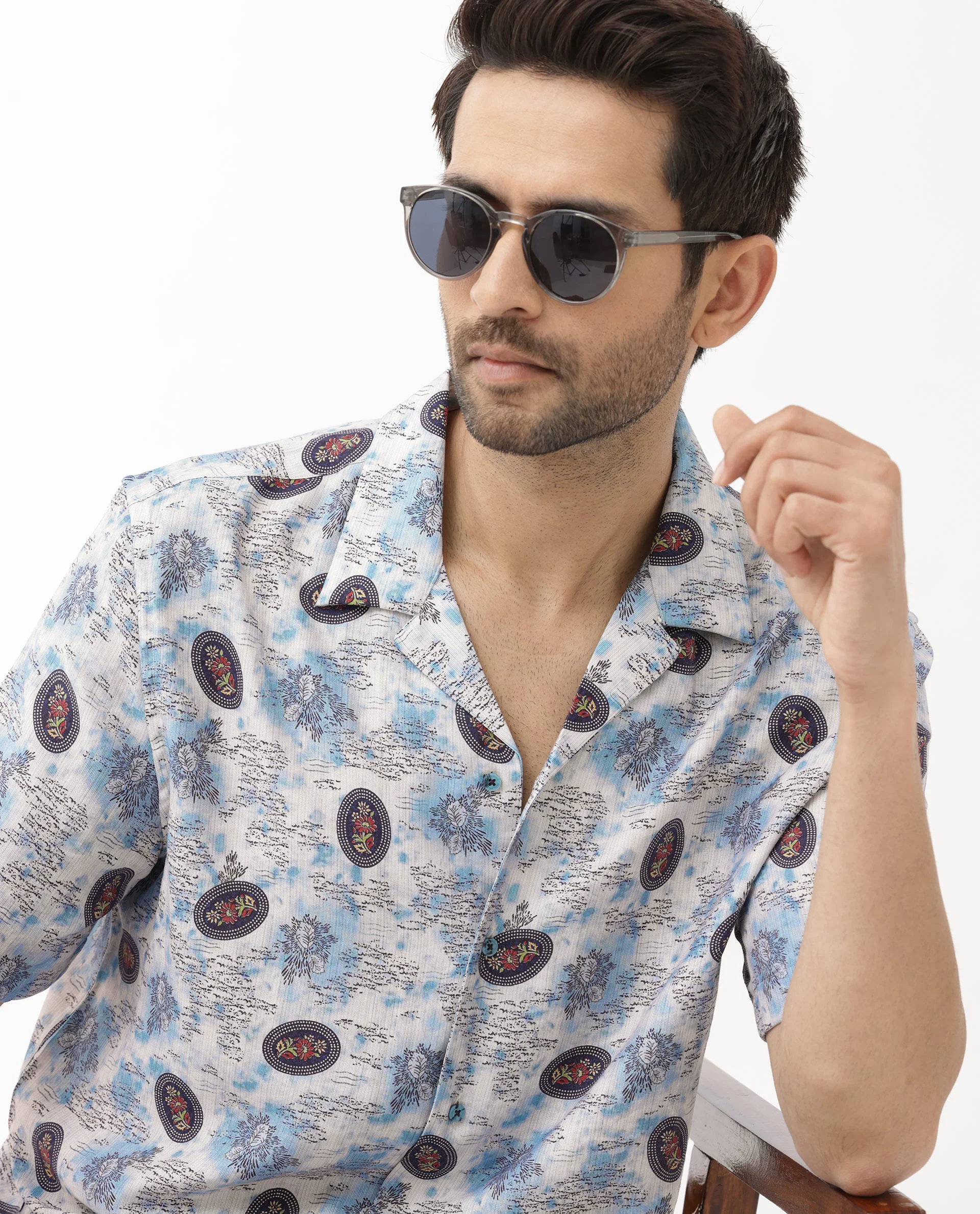 Rare Rabbit Men's Duskon Blue Viscose Abstract Print Boxy Fit Half Sleeve Cuban Collar Shirt - Image 5