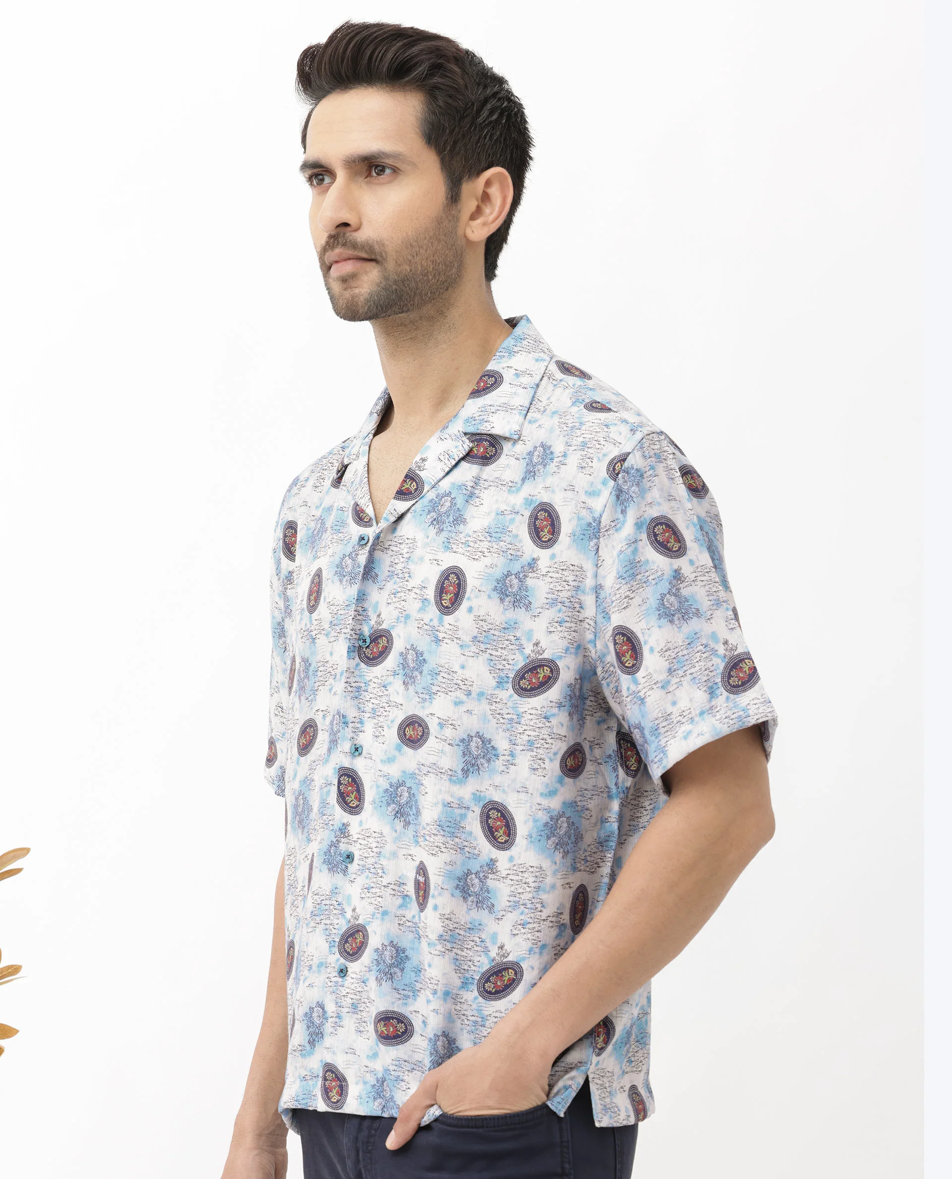 Rare Rabbit Men's Duskon Blue Viscose Abstract Print Boxy Fit Half Sleeve Cuban Collar Shirt - Image 6