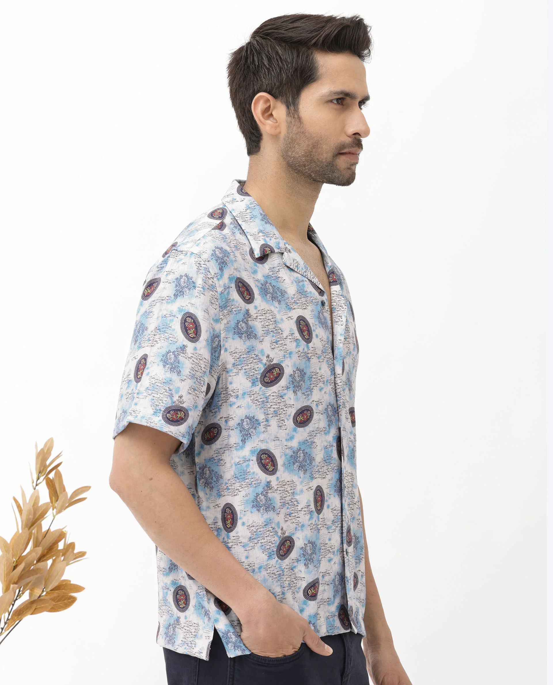 Rare Rabbit Men's Duskon Blue Viscose Abstract Print Boxy Fit Half Sleeve Cuban Collar Shirt - Image 7