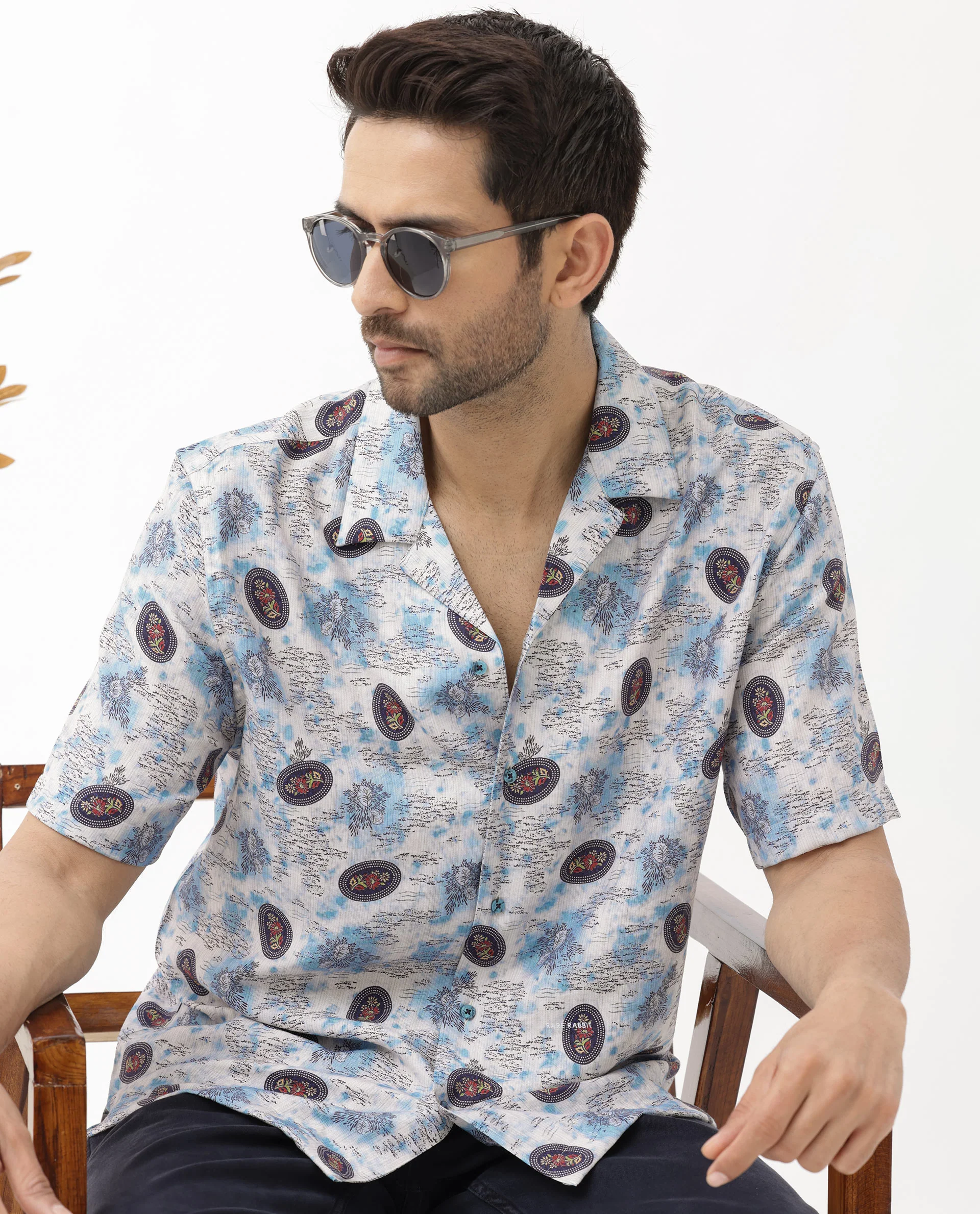Rare Rabbit Men's Duskon Blue Viscose Abstract Print Boxy Fit Half Sleeve Cuban Collar Shirt - Image 8