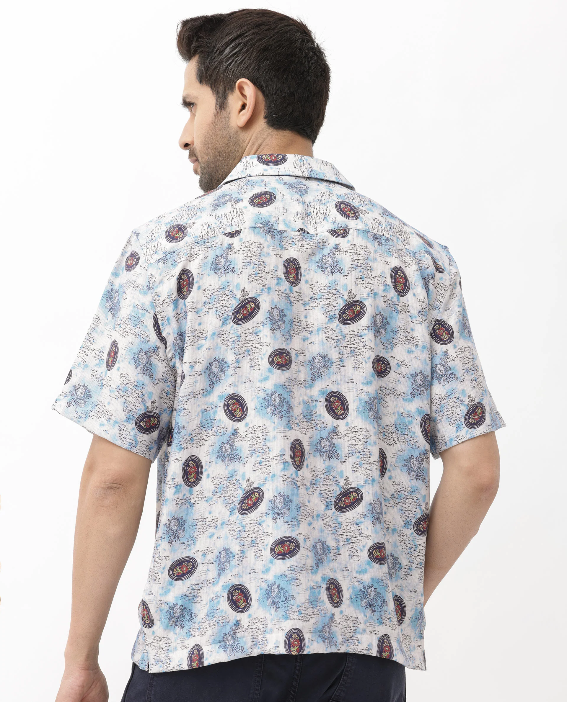 Rare Rabbit Men's Duskon Blue Viscose Abstract Print Boxy Fit Half Sleeve Cuban Collar Shirt - Image 9