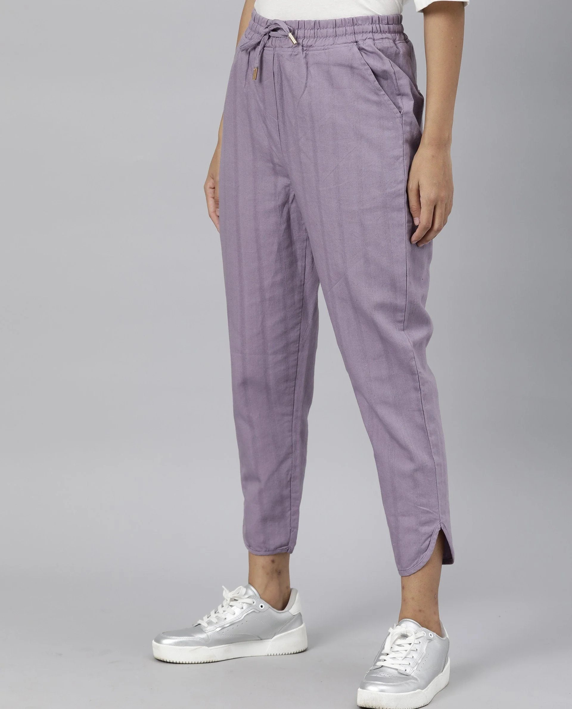 Rareism Womens Dusto Lavender Trouser Cotton Linen Fabric Ankle Length Regular Fit Elasticated Waistband - Image 2