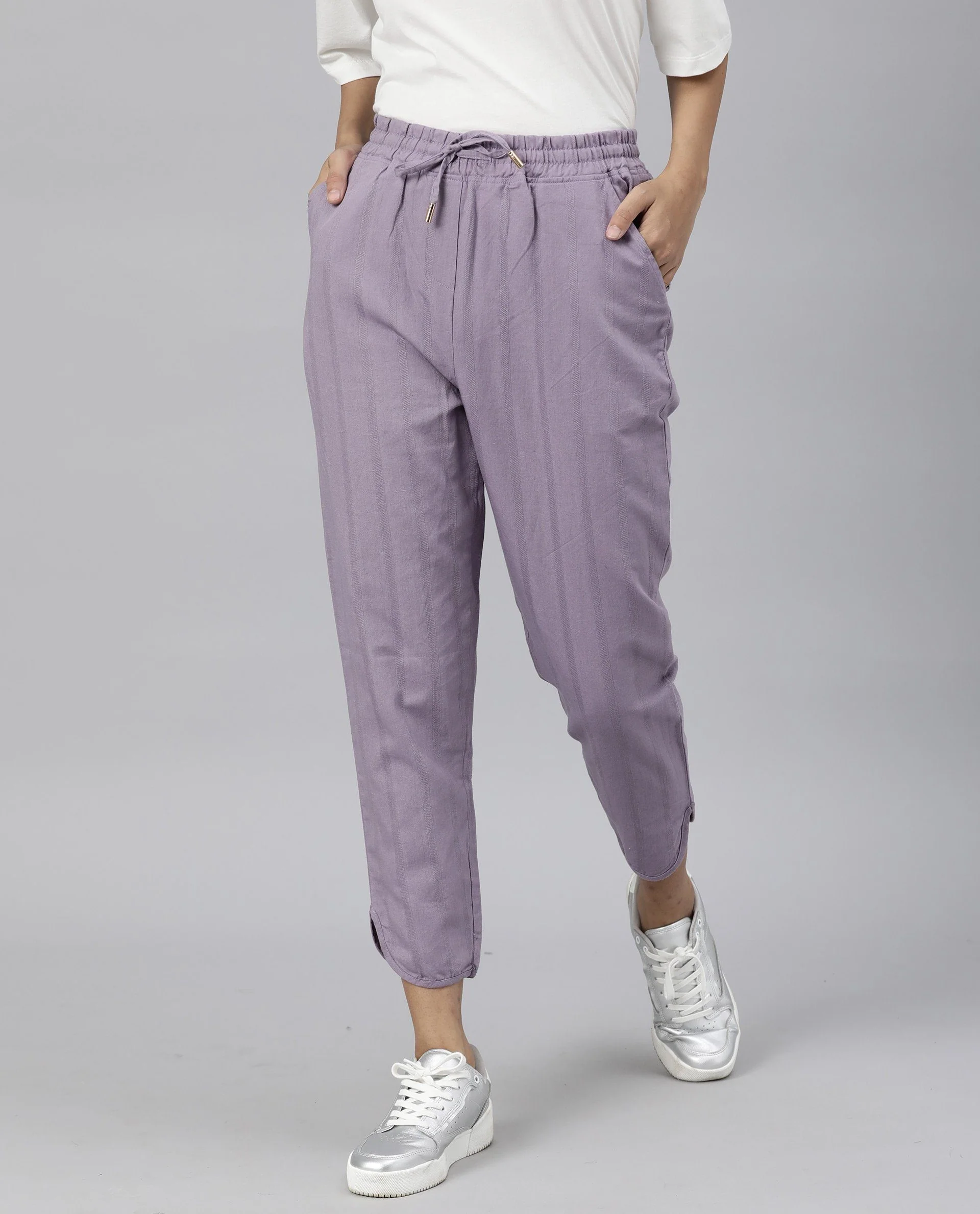 Rareism Womens Dusto Lavender Trouser Cotton Linen Fabric Ankle Length Regular Fit Elasticated Waistband - Image 3