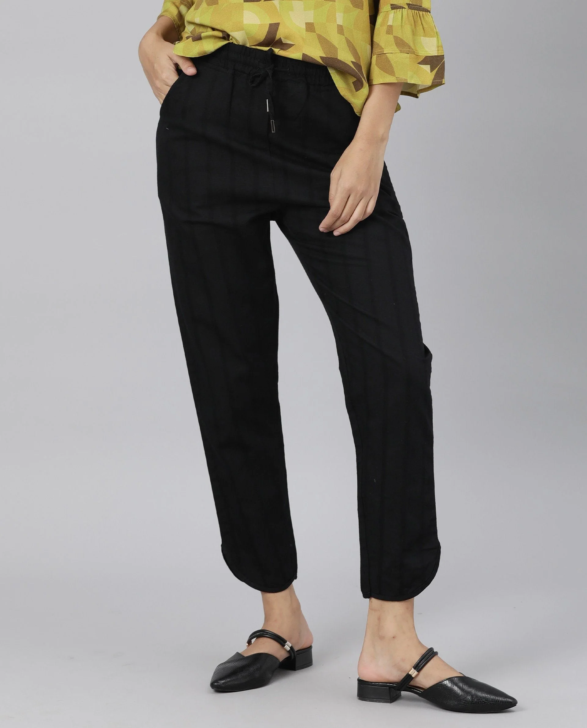 Rareism Womens Dusto Black Trouser Cotton Linen Fabric Ankle Length Regular Fit Elasticated Waistband