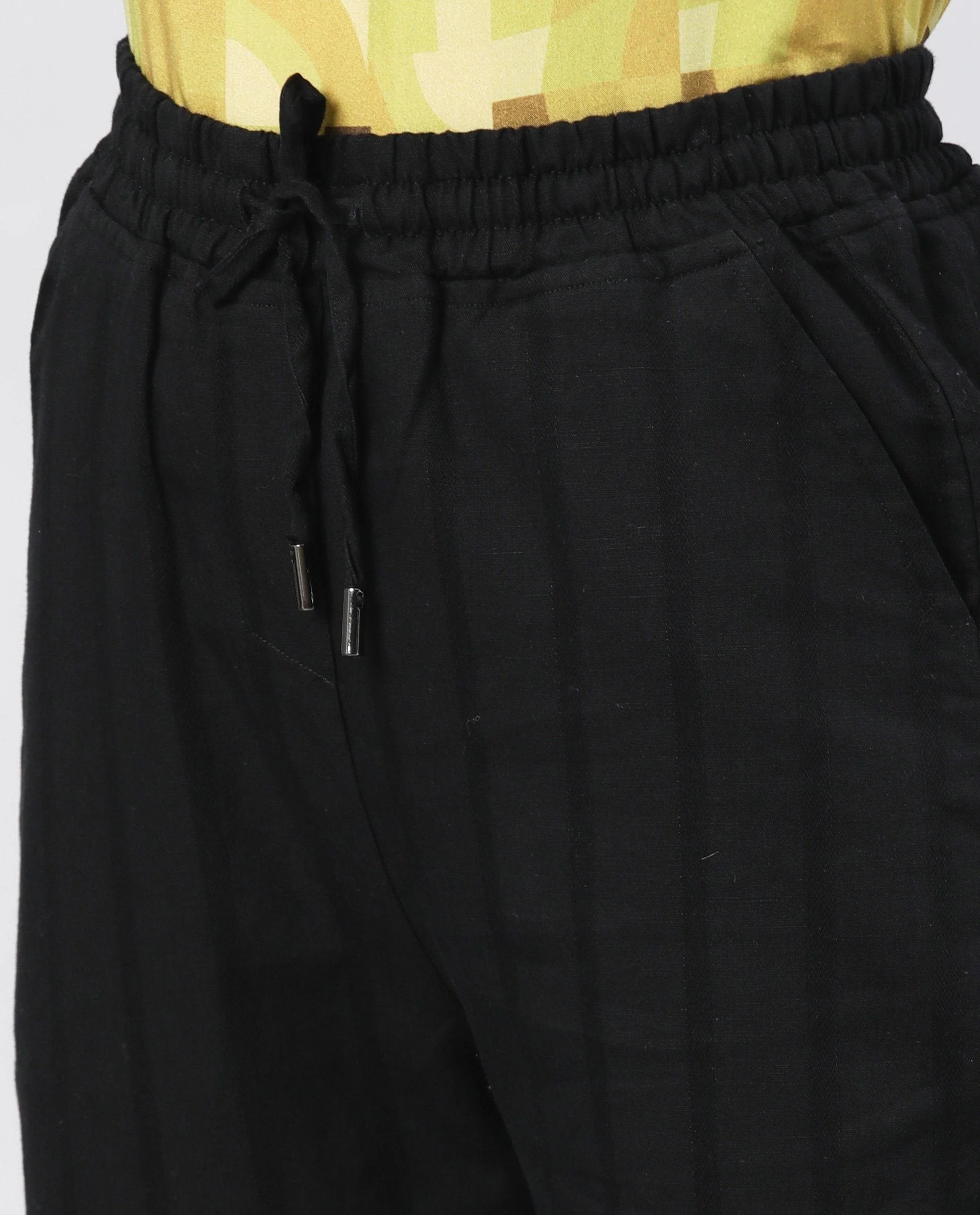 Rareism Womens Dusto Black Trouser Cotton Linen Fabric Ankle Length Regular Fit Elasticated Waistband - Image 2